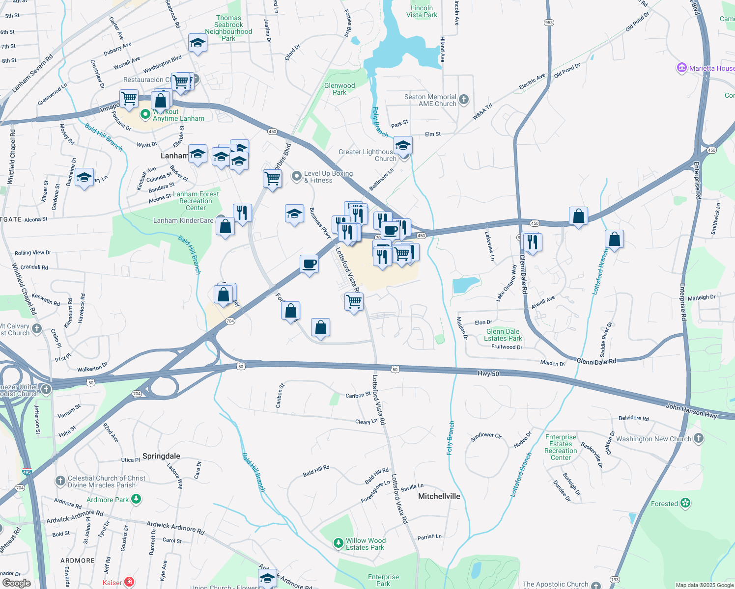 map of restaurants, bars, coffee shops, grocery stores, and more near 10404 Glen Spring Lane in Bowie