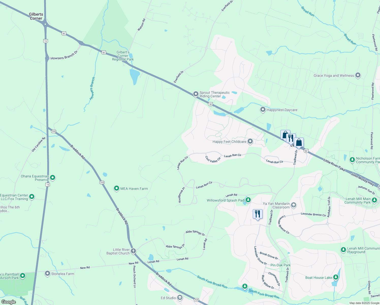 map of restaurants, bars, coffee shops, grocery stores, and more near 40630 Lenah Run Circle in Aldie