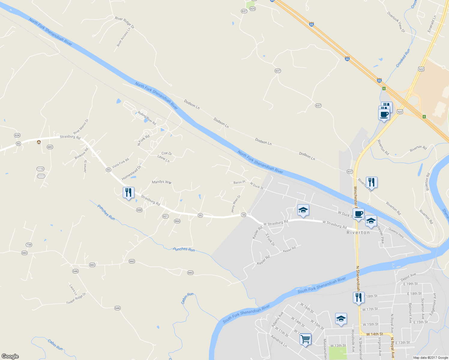 map of restaurants, bars, coffee shops, grocery stores, and more near 1495 Mallard Place in Front Royal