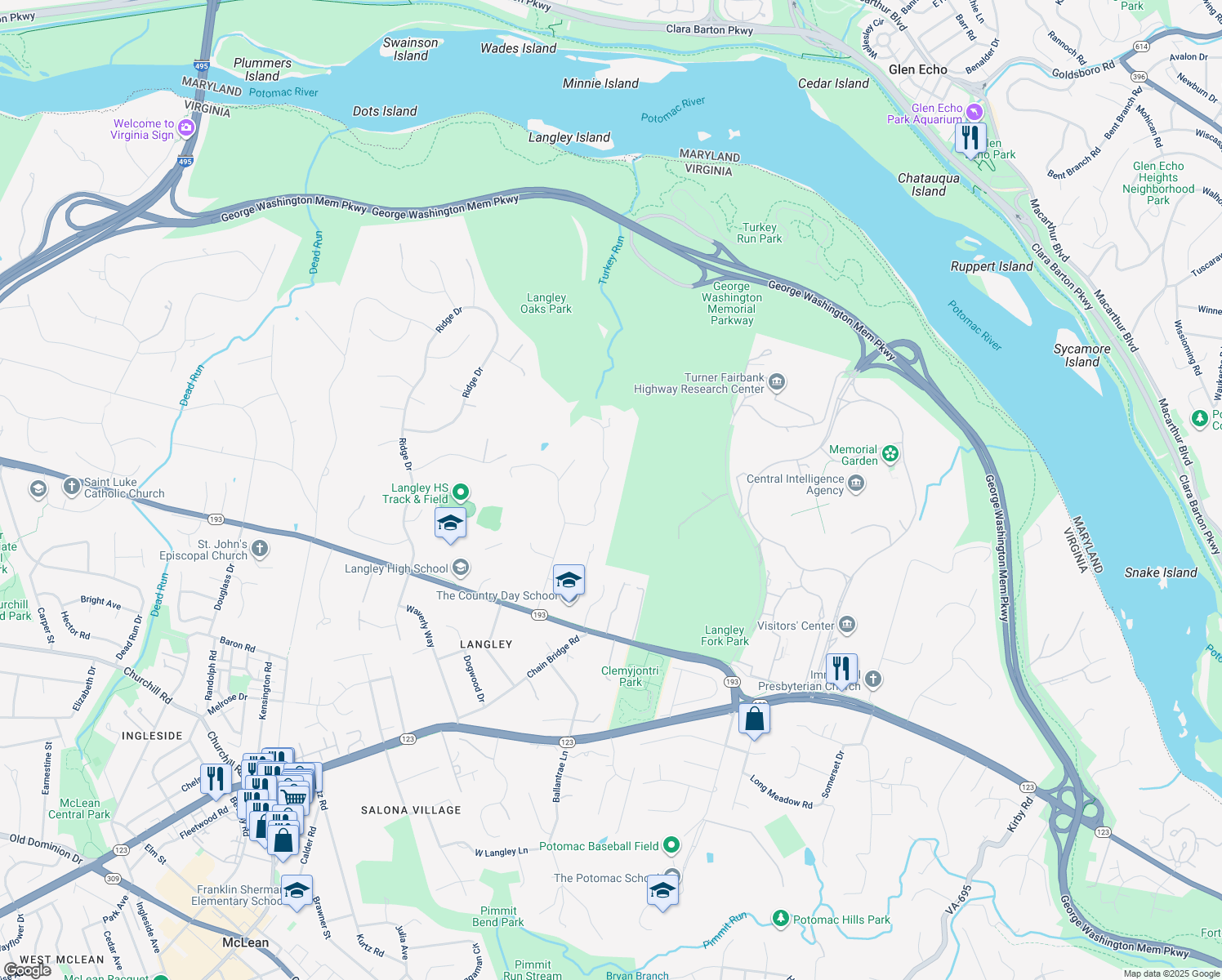 map of restaurants, bars, coffee shops, grocery stores, and more near 819 Turkey Run Rd in McLean