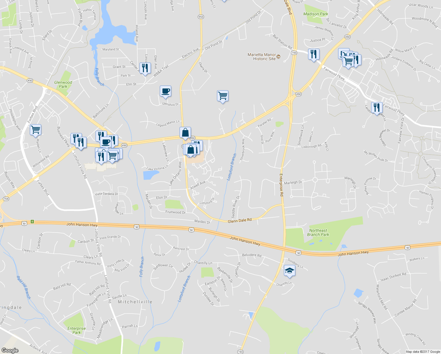 map of restaurants, bars, coffee shops, grocery stores, and more near 11400 Deepwood Drive in Bowie