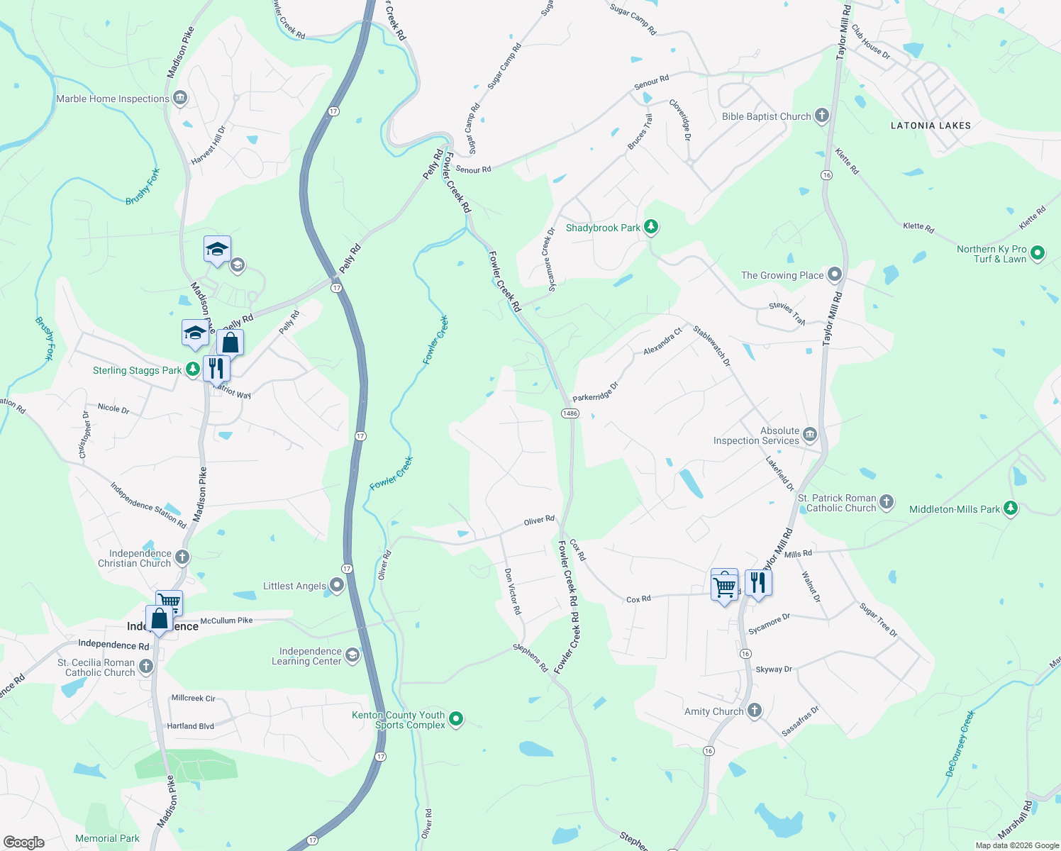 map of restaurants, bars, coffee shops, grocery stores, and more near 5302 Midnight Run in Independence