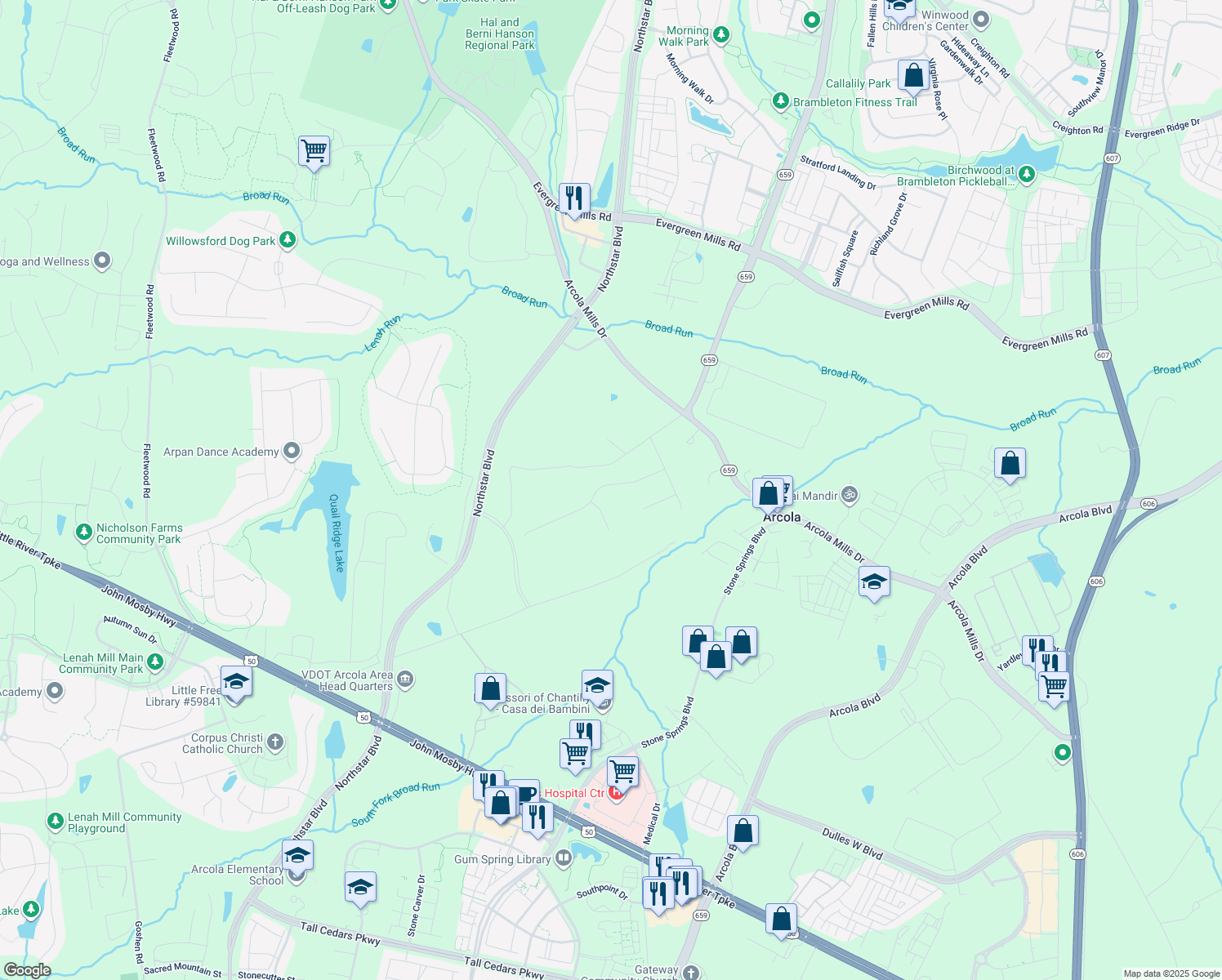 map of restaurants, bars, coffee shops, grocery stores, and more near 42219 Cameron Parish Drive in Ashburn