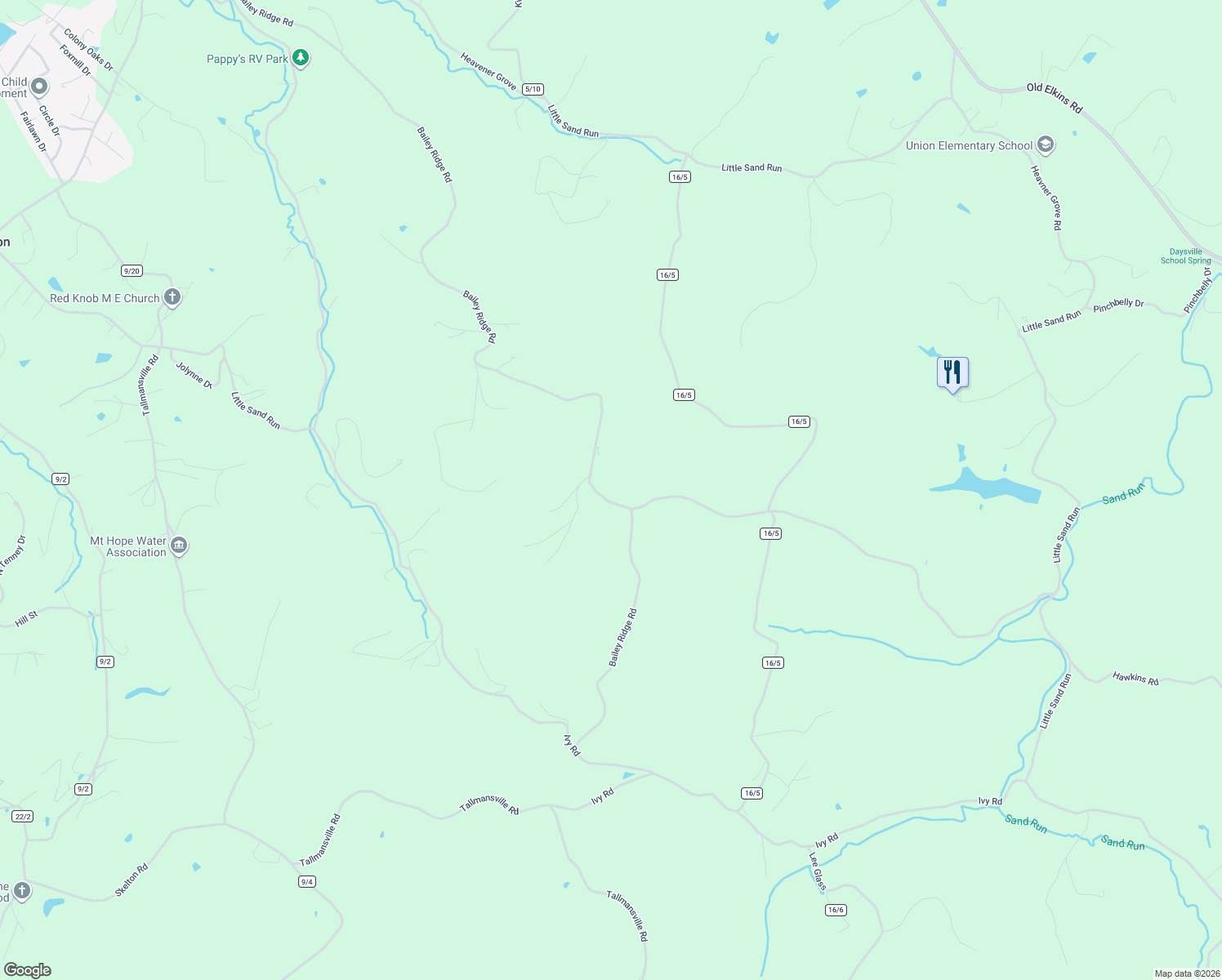 map of restaurants, bars, coffee shops, grocery stores, and more near 868 Bailey Ridge Road in Buckhannon