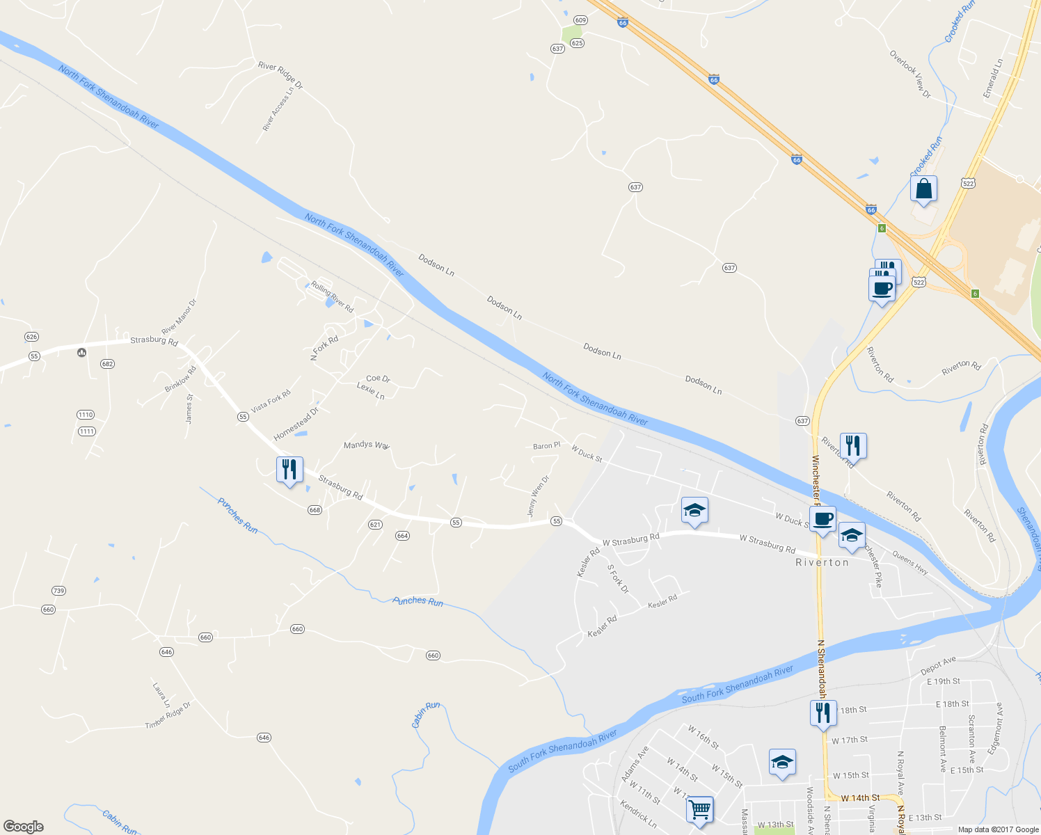 map of restaurants, bars, coffee shops, grocery stores, and more near 1496 Mallard Place in Front Royal