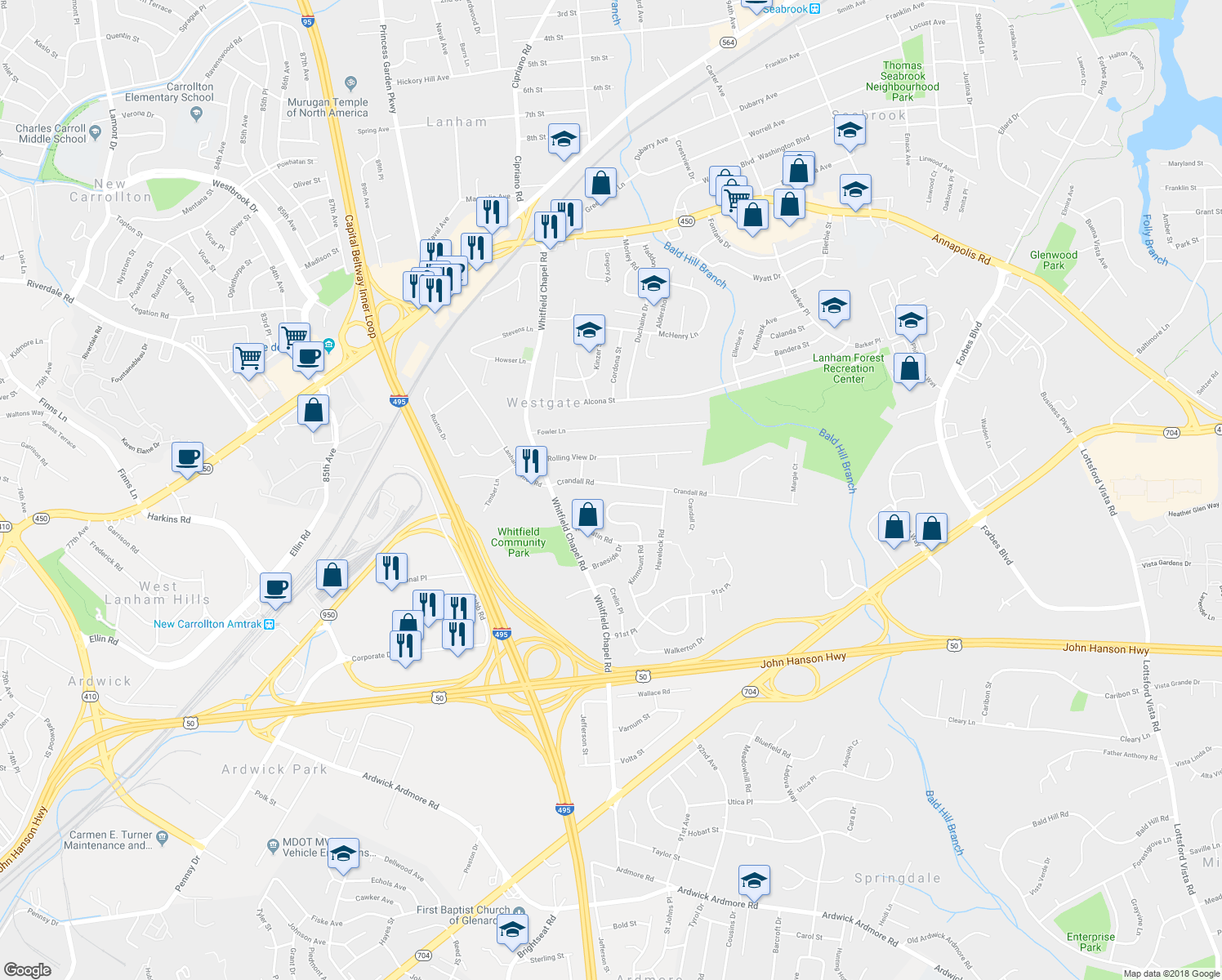 map of restaurants, bars, coffee shops, grocery stores, and more near 8807 Crandall Rd in Lanham-Seabrook