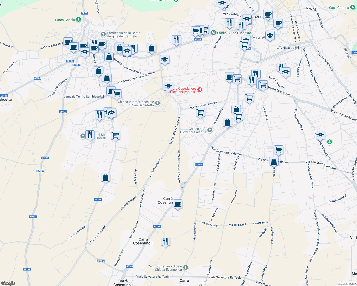 map of restaurants, bars, coffee shops, grocery stores, and more near 105 Via degli Enotri in Lamezia Terme