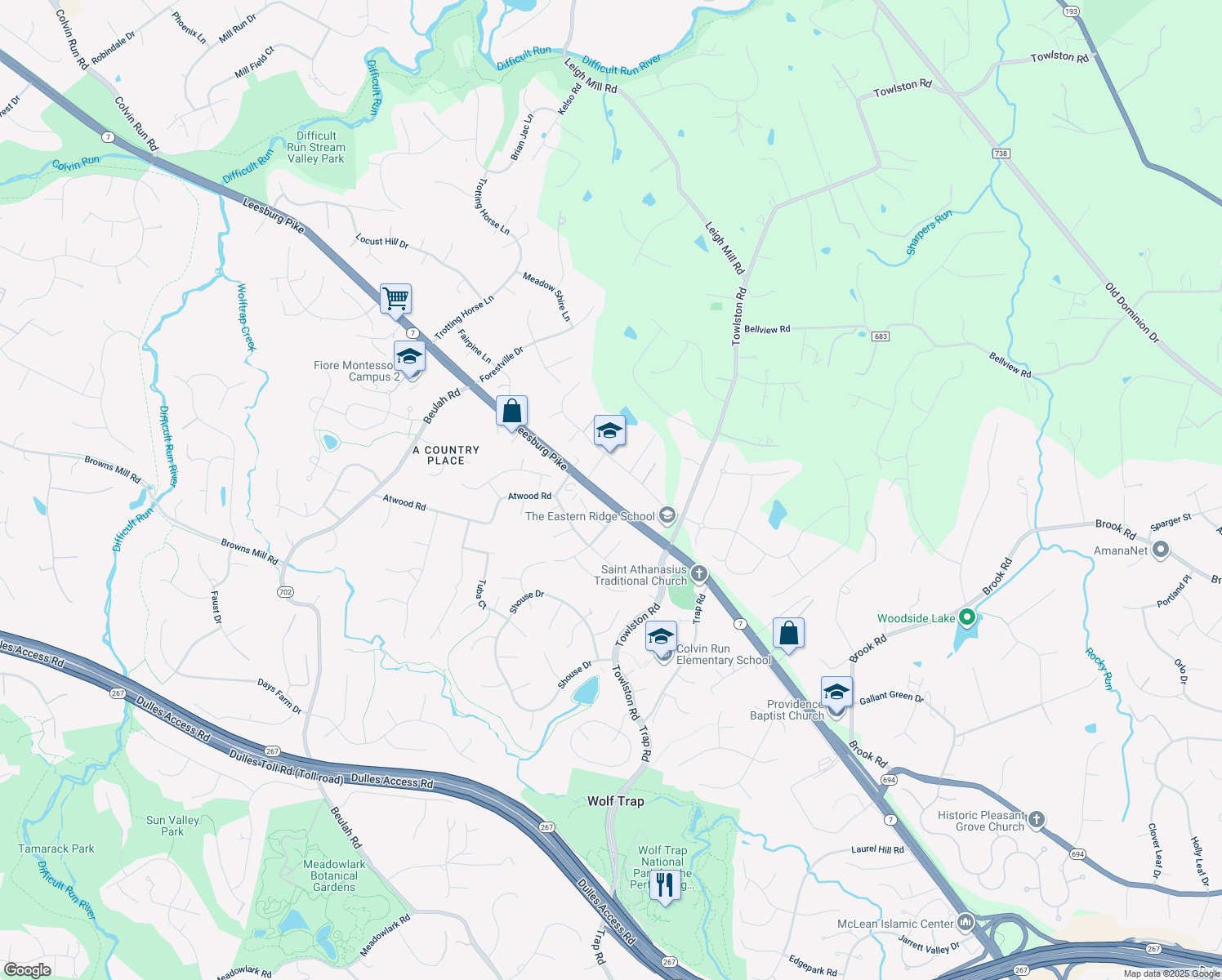map of restaurants, bars, coffee shops, grocery stores, and more near 9312 Leesburg Pike in Great Falls