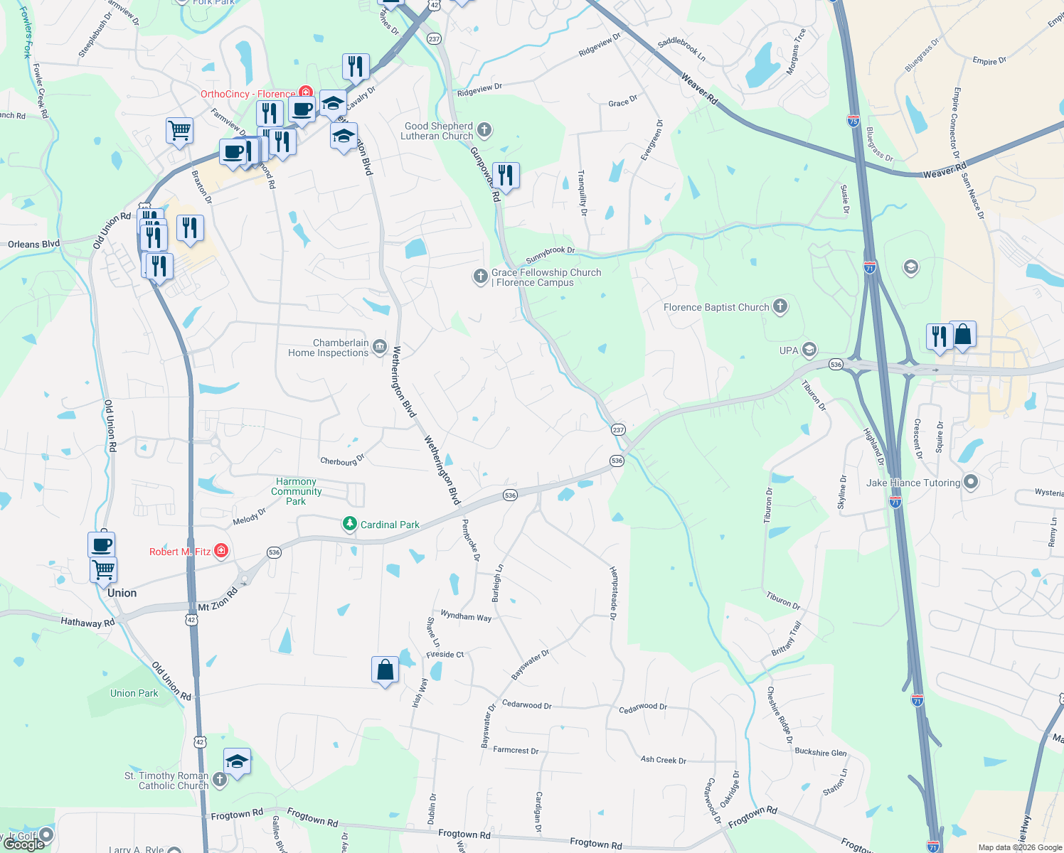 map of restaurants, bars, coffee shops, grocery stores, and more near 9829 Windsor Way in Florence