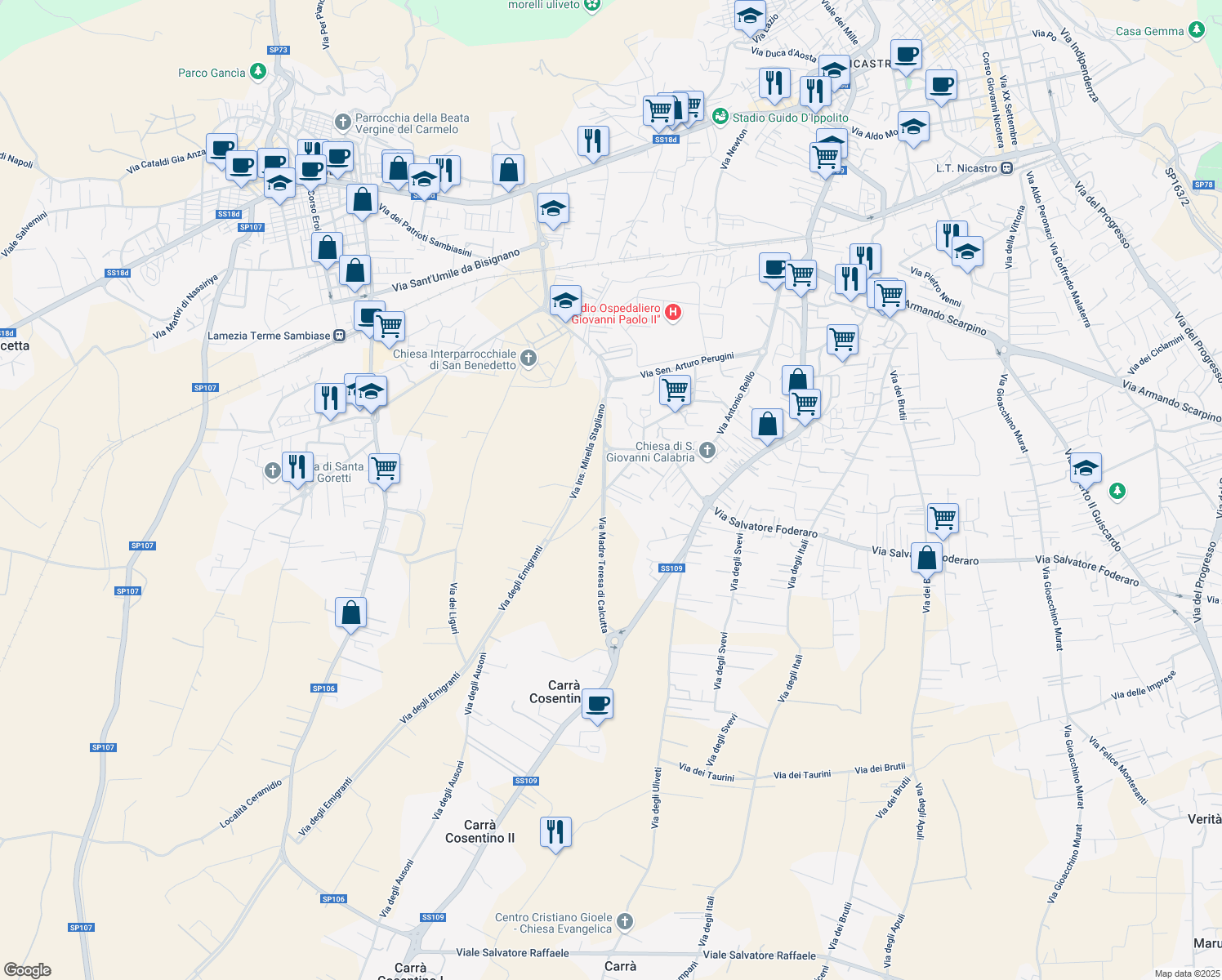 map of restaurants, bars, coffee shops, grocery stores, and more near 105 Via degli Enotri in Lamezia Terme