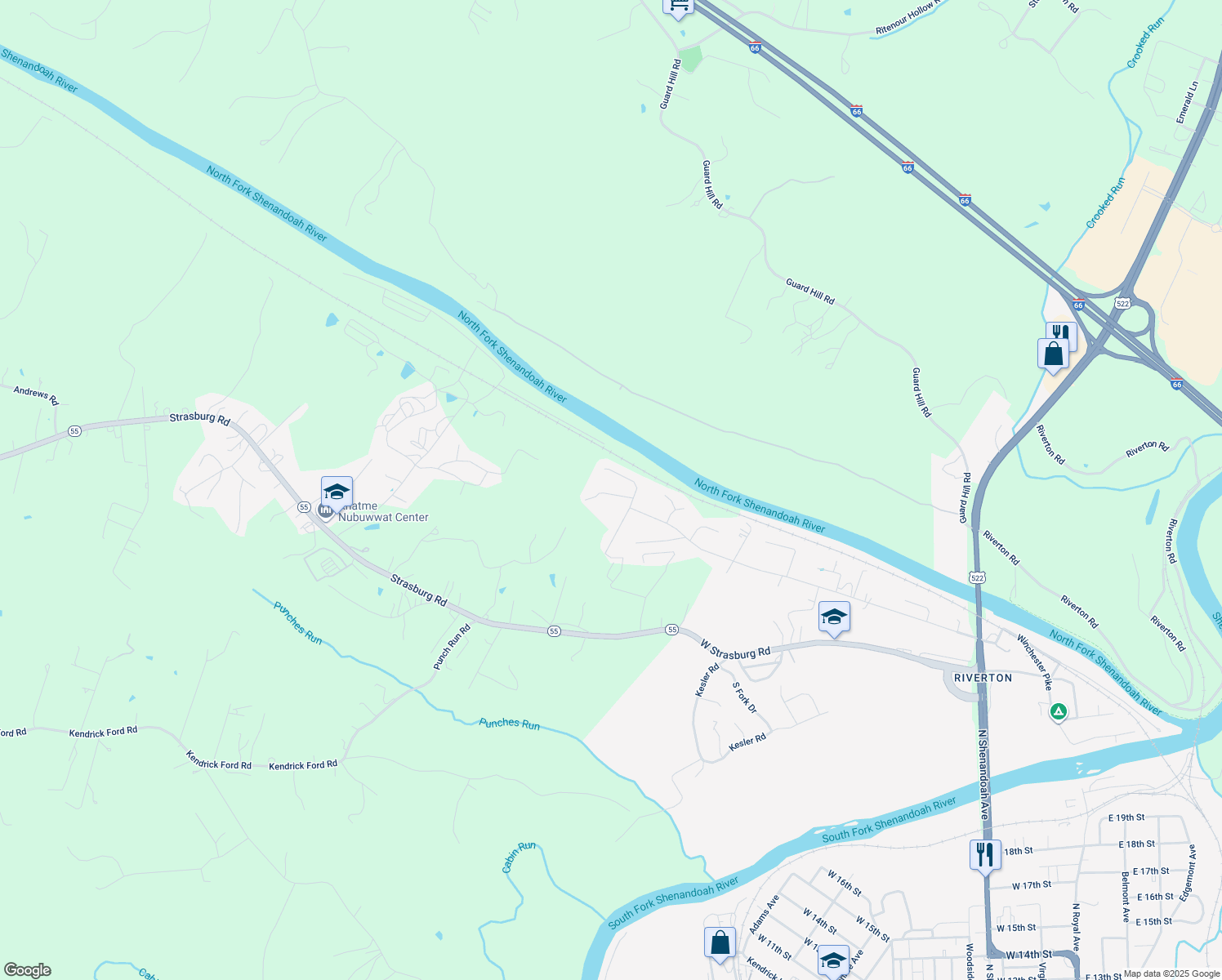 map of restaurants, bars, coffee shops, grocery stores, and more near 857 Morgan Place in Front Royal