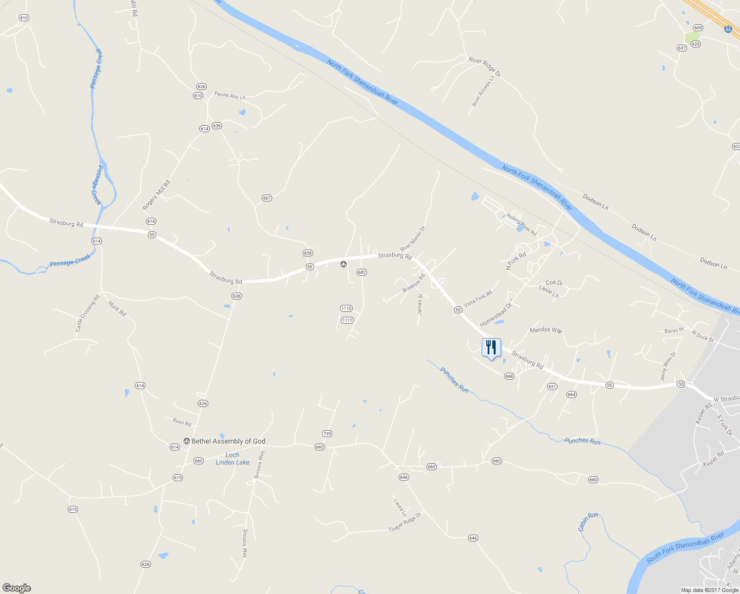 map of restaurants, bars, coffee shops, grocery stores, and more near 185 Poe Drive in Front Royal