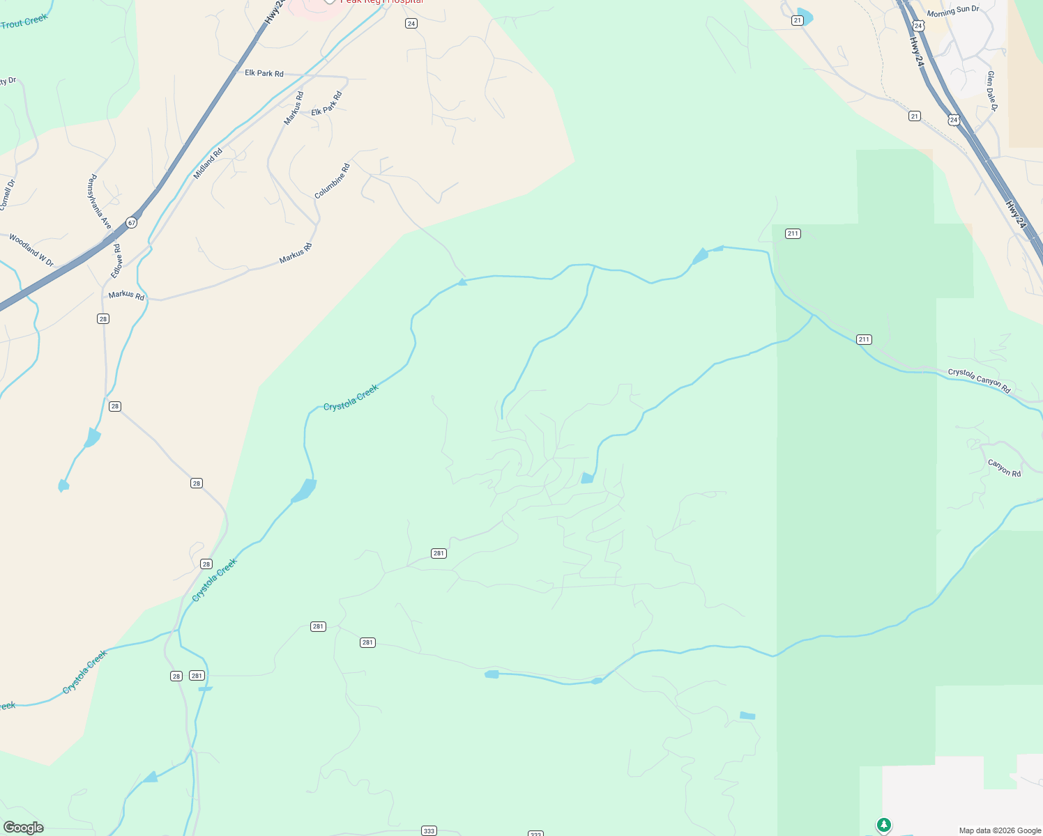 map of restaurants, bars, coffee shops, grocery stores, and more near 220 Osoeola Road in Woodland Park