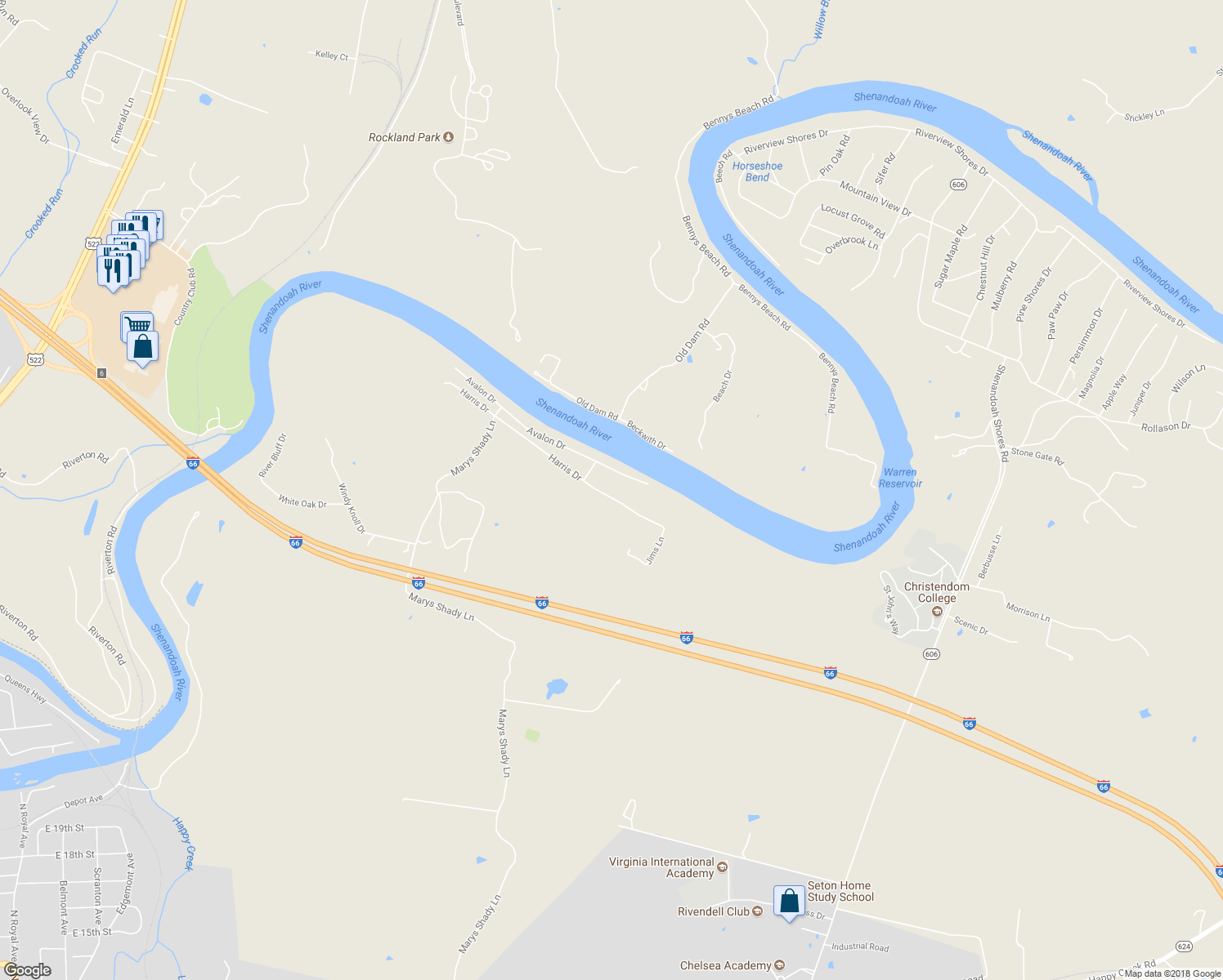 map of restaurants, bars, coffee shops, grocery stores, and more near 561 Harris Drive in Front Royal
