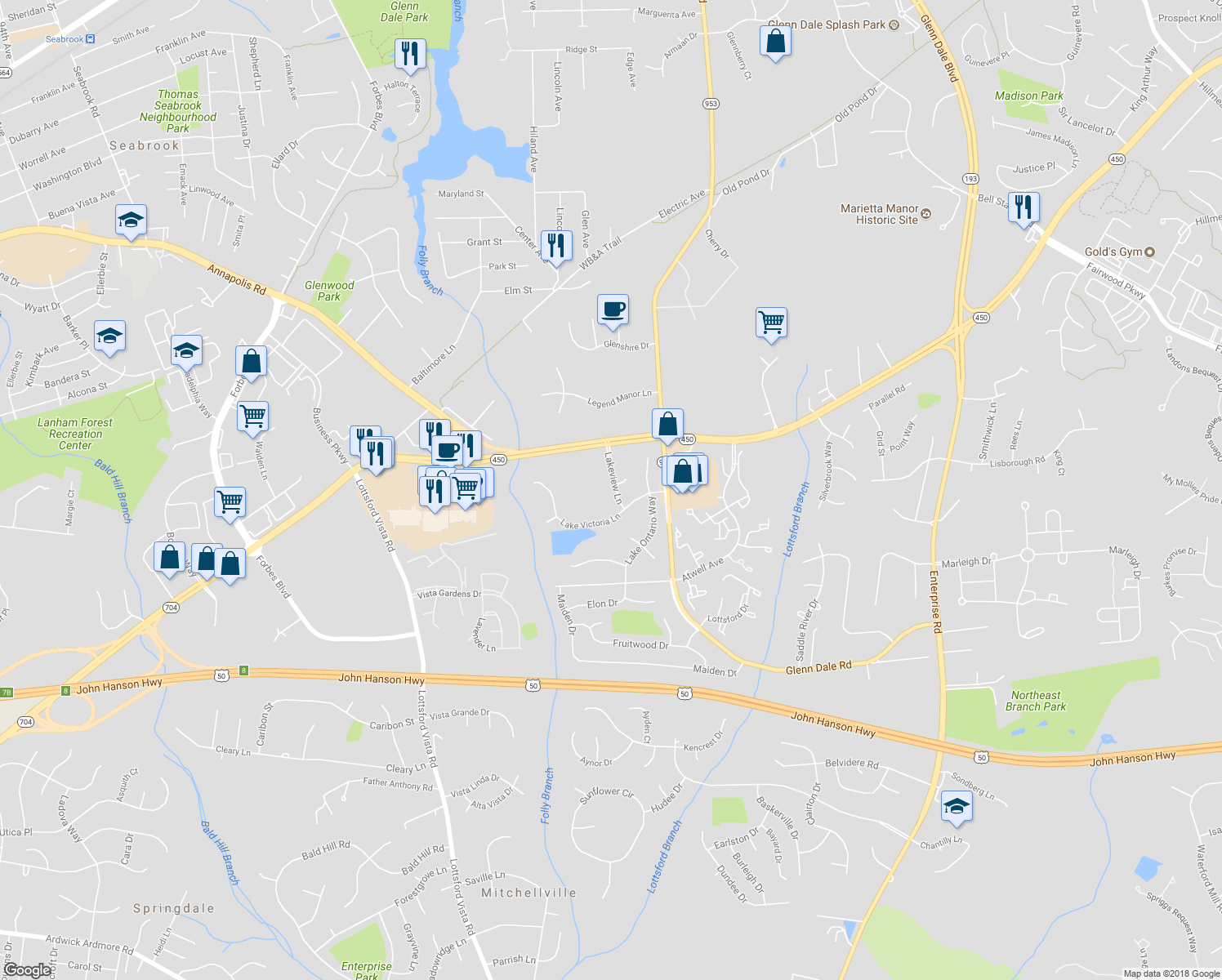 map of restaurants, bars, coffee shops, grocery stores, and more near 4806 Lakeview Lane in Bowie