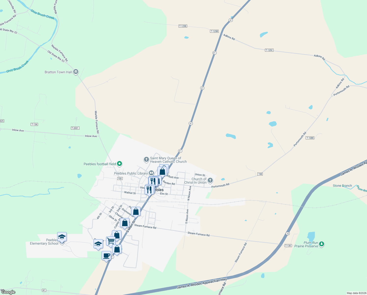 map of restaurants, bars, coffee shops, grocery stores, and more near 26766 State Route 41 in Peebles