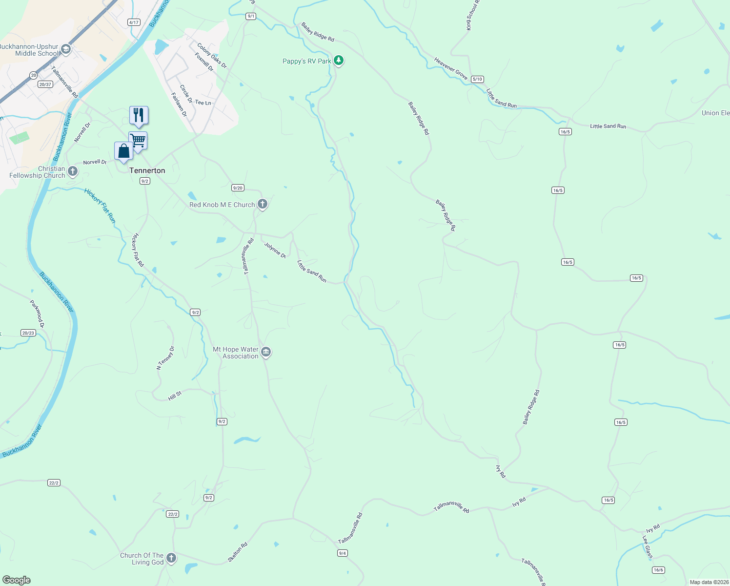map of restaurants, bars, coffee shops, grocery stores, and more near 84 Fieldstone Drive in Buckhannon