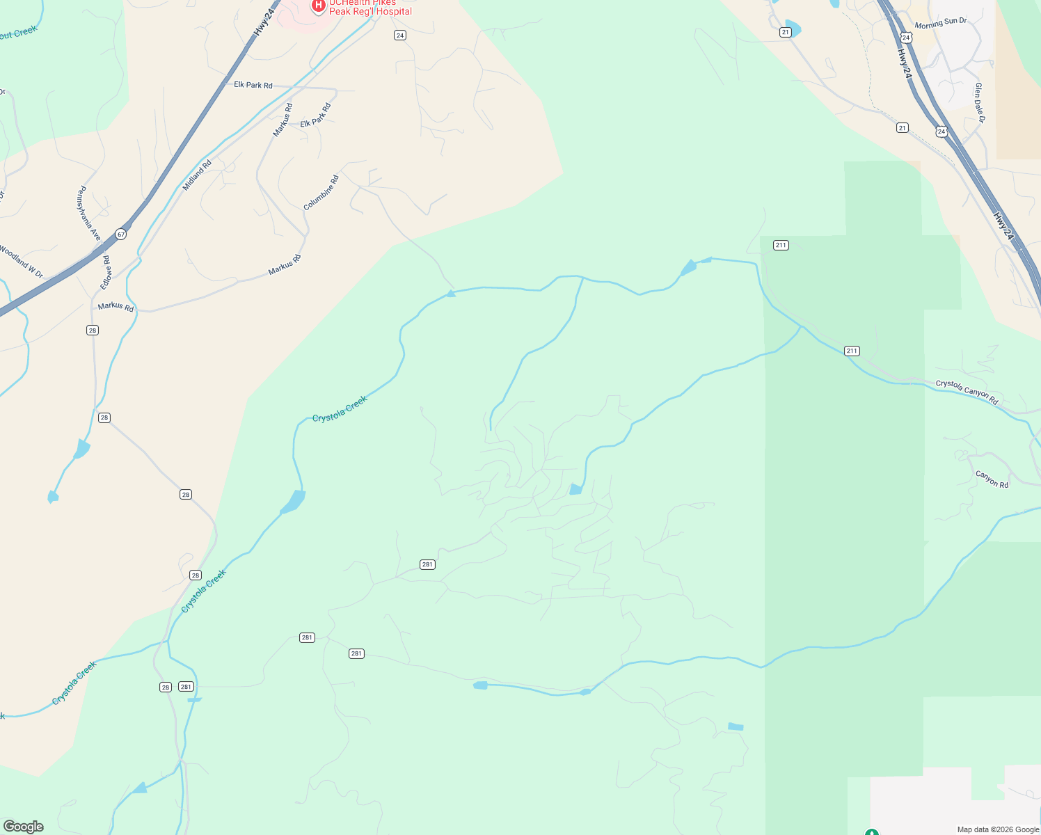 map of restaurants, bars, coffee shops, grocery stores, and more near 220 Osoeola Road in Woodland Park