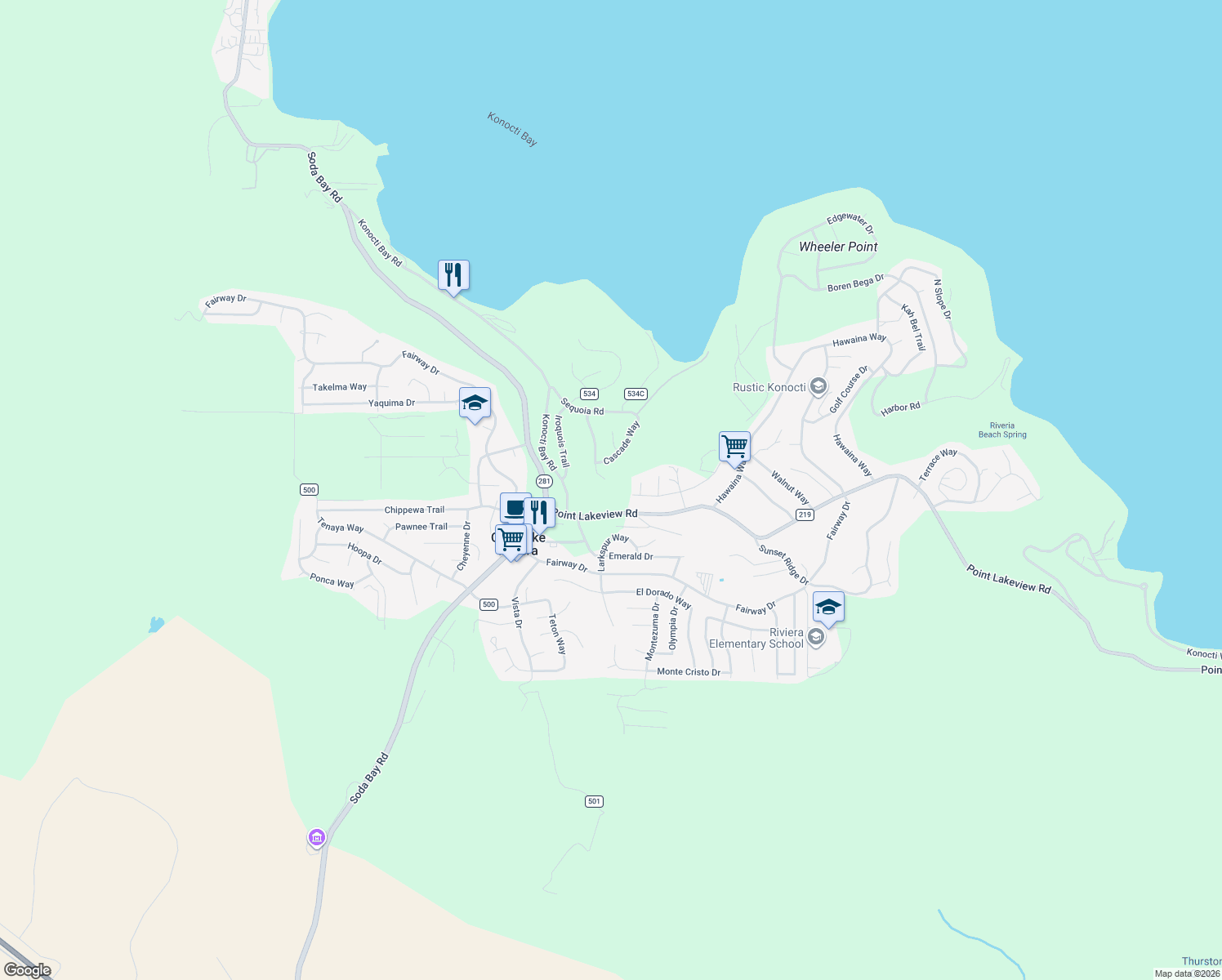 map of restaurants, bars, coffee shops, grocery stores, and more near 4995 Klamath Road in Kelseyville