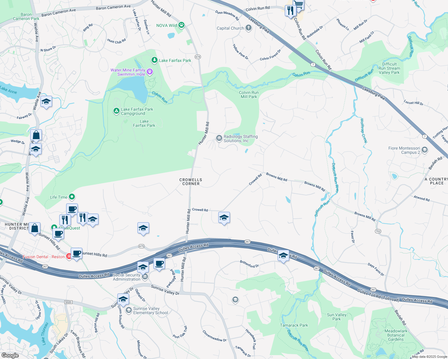 map of restaurants, bars, coffee shops, grocery stores, and more near 10507 Hunting Crest Lane in Vienna