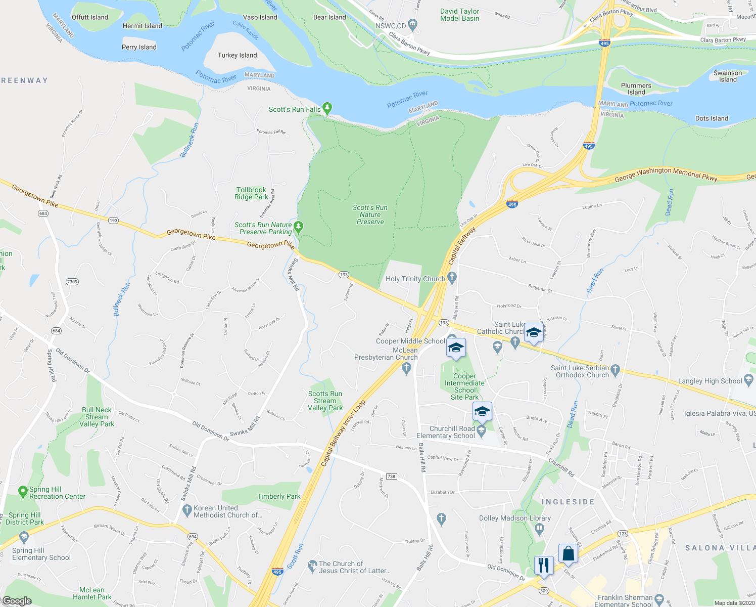 map of restaurants, bars, coffee shops, grocery stores, and more near 7321 Georgetown Pike in McLean