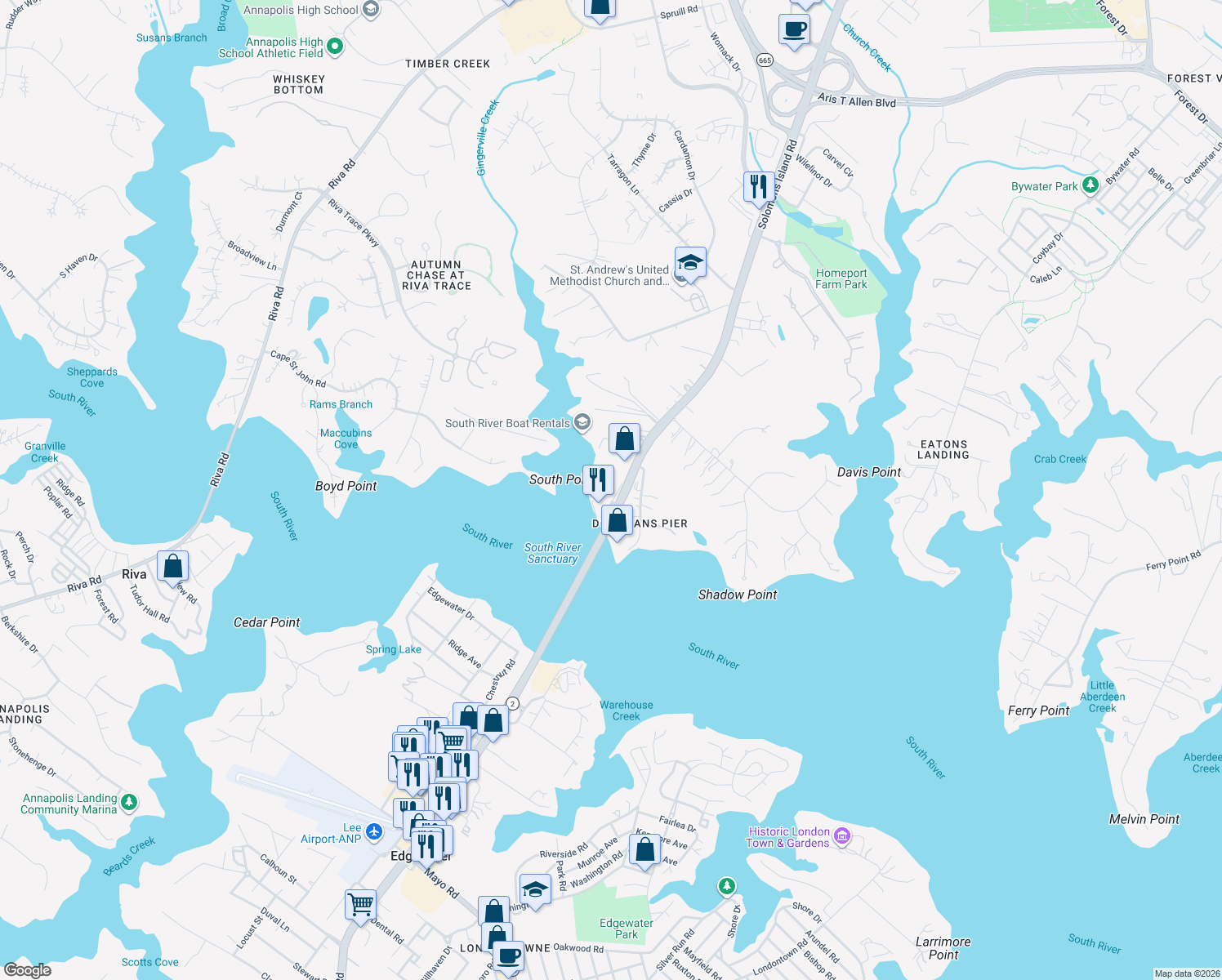 map of restaurants, bars, coffee shops, grocery stores, and more near 2824 Solomons Island Road in Edgewater