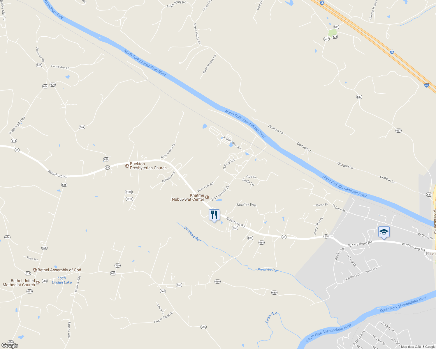 map of restaurants, bars, coffee shops, grocery stores, and more near 237 Vista Fork Road in Front Royal