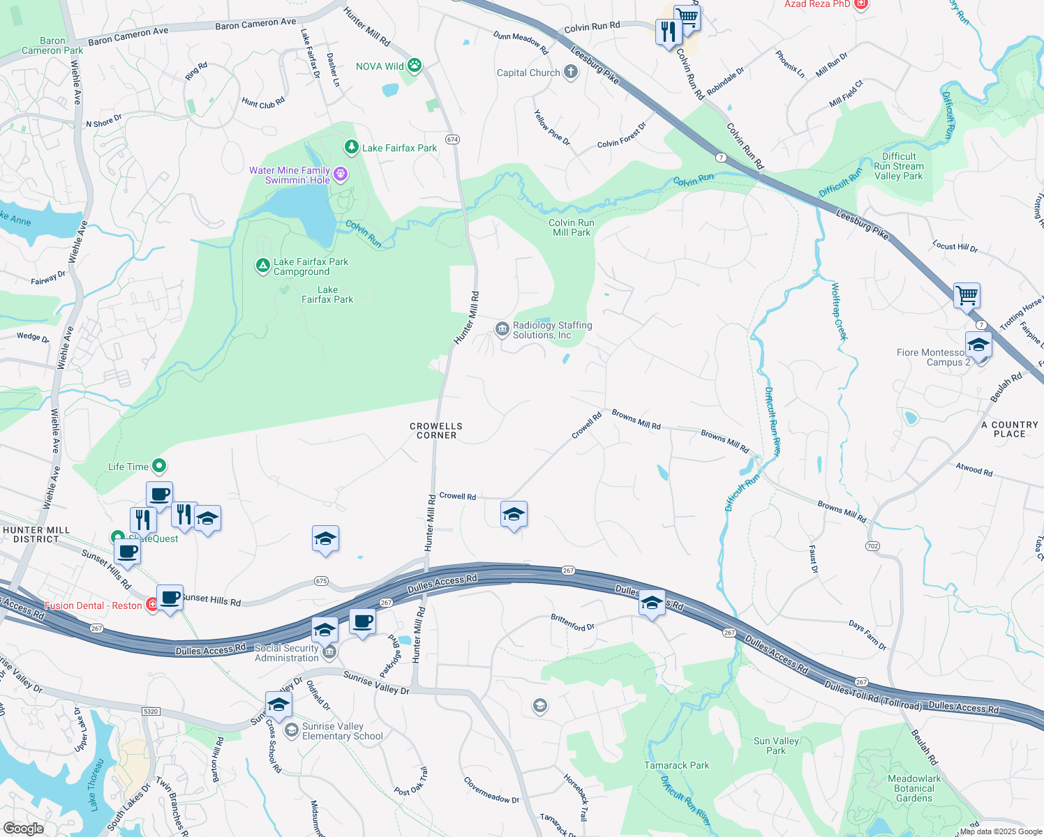 map of restaurants, bars, coffee shops, grocery stores, and more near 10505 Hunting Crest Ln in Vienna