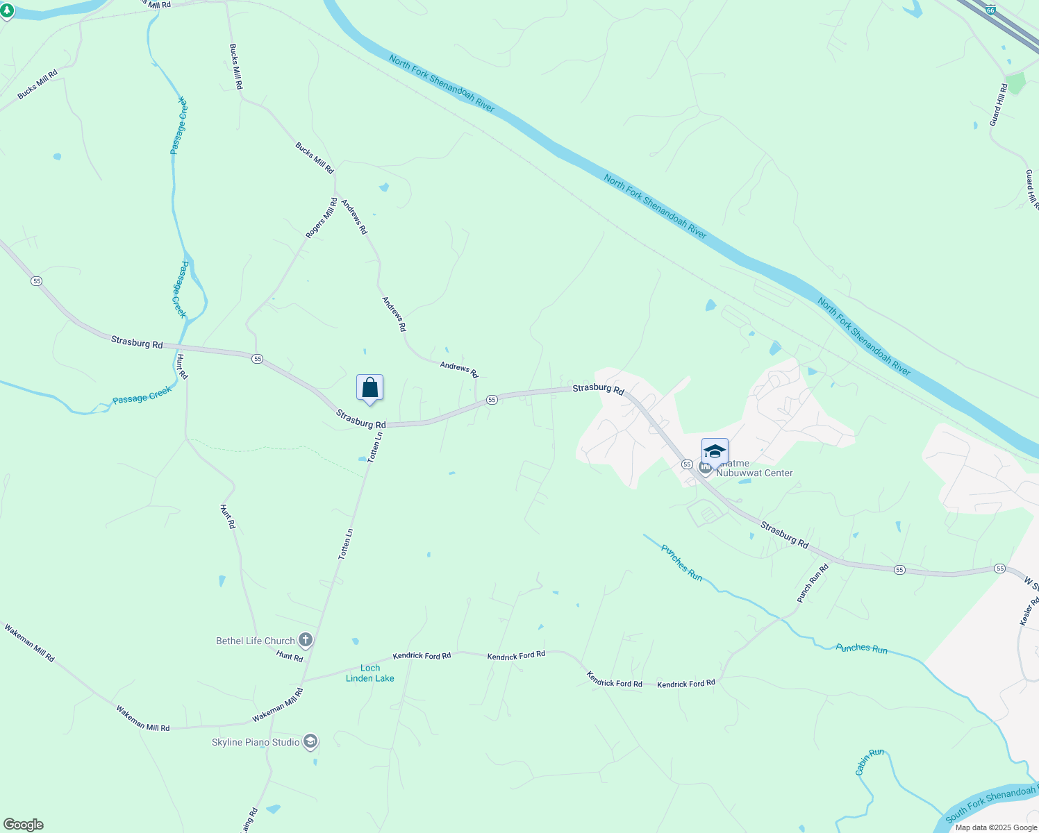map of restaurants, bars, coffee shops, grocery stores, and more near 96 Strawberry Lane in Front Royal