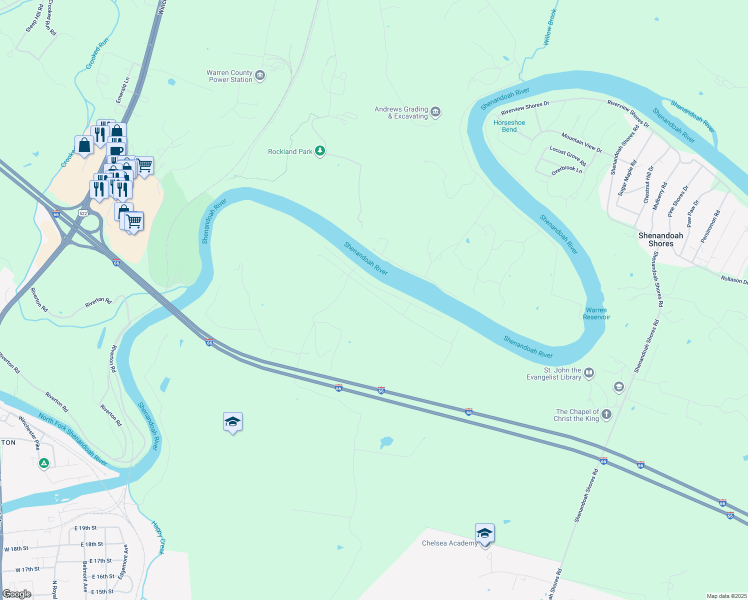 map of restaurants, bars, coffee shops, grocery stores, and more near 324 Harris Drive in Front Royal