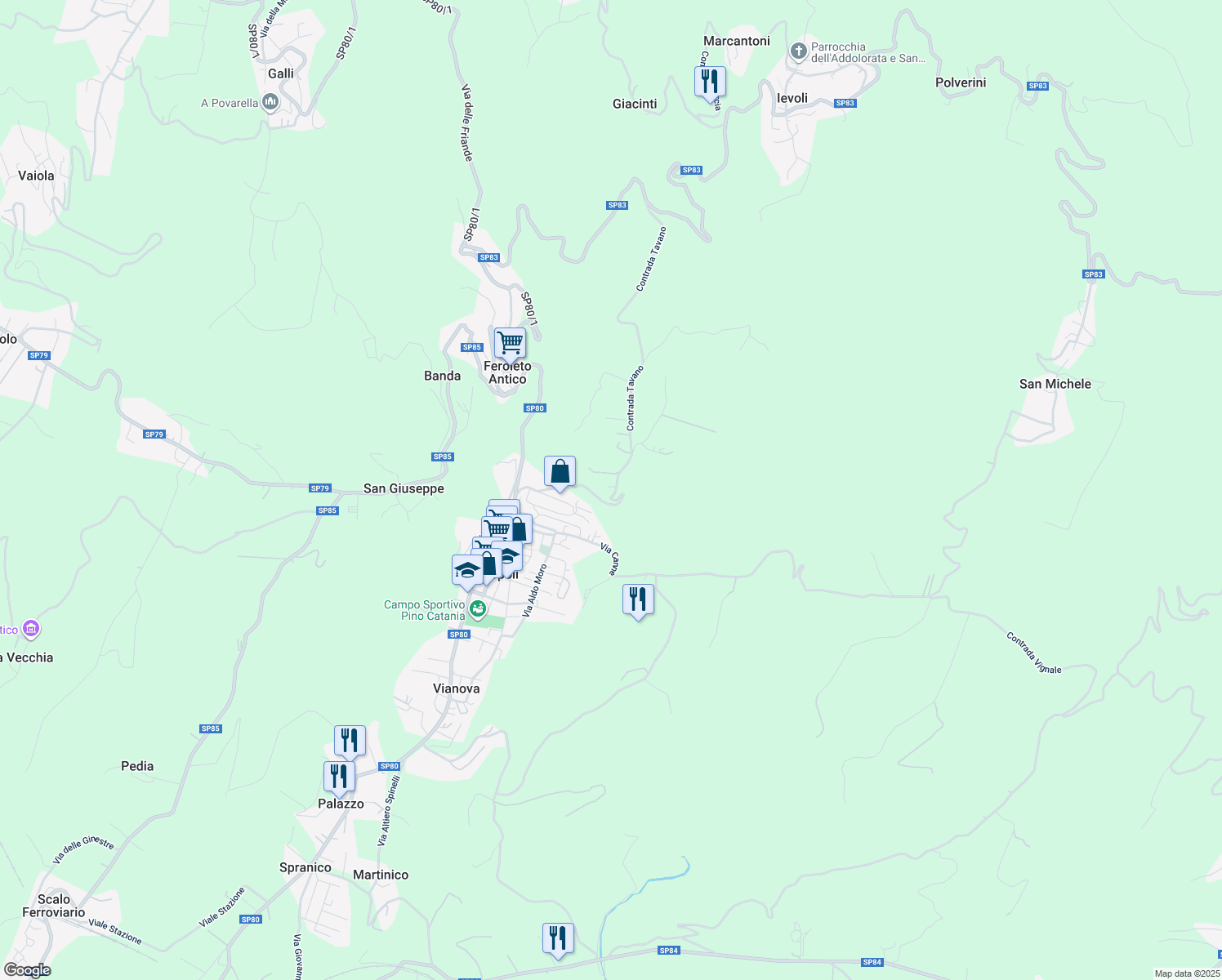 map of restaurants, bars, coffee shops, grocery stores, and more near 5 Contrada Tavano in Provincia di Catanzaro