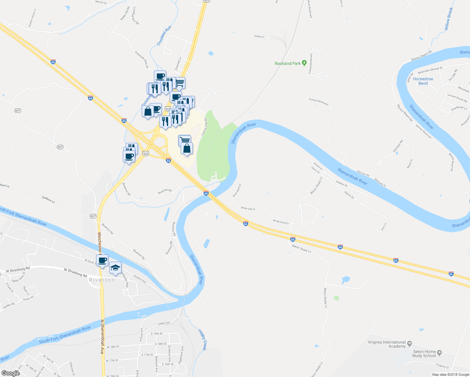 map of restaurants, bars, coffee shops, grocery stores, and more near 97 River Bluff Drive in Front Royal