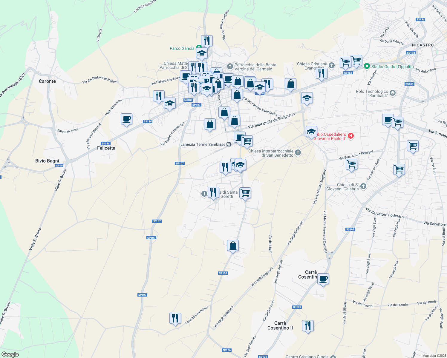 map of restaurants, bars, coffee shops, grocery stores, and more near 17 Via Pietro Mascagni in Lamezia Terme