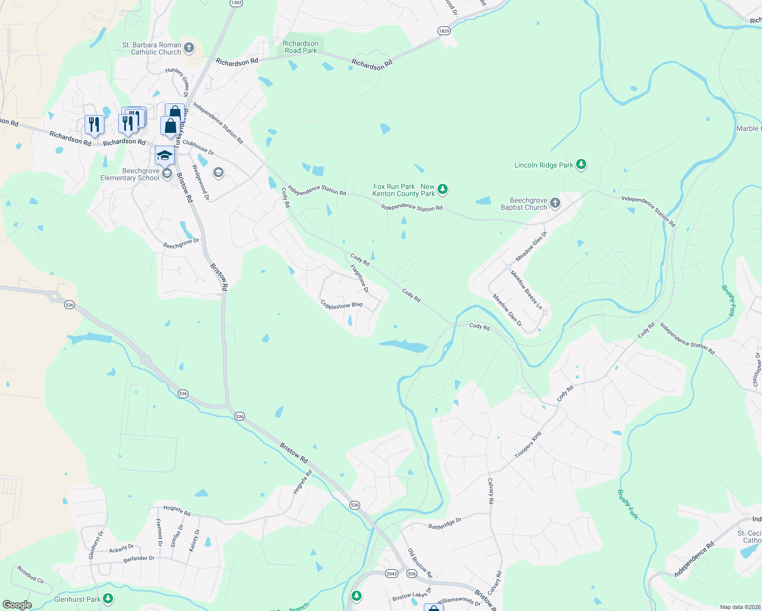 map of restaurants, bars, coffee shops, grocery stores, and more near 1293 Victory Lane in Independence