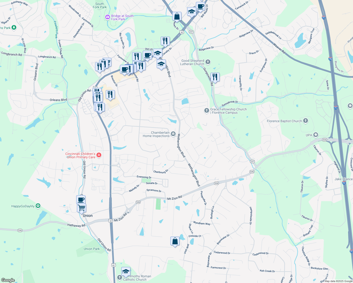 map of restaurants, bars, coffee shops, grocery stores, and more near 9440 Gettysburg Lane in Union