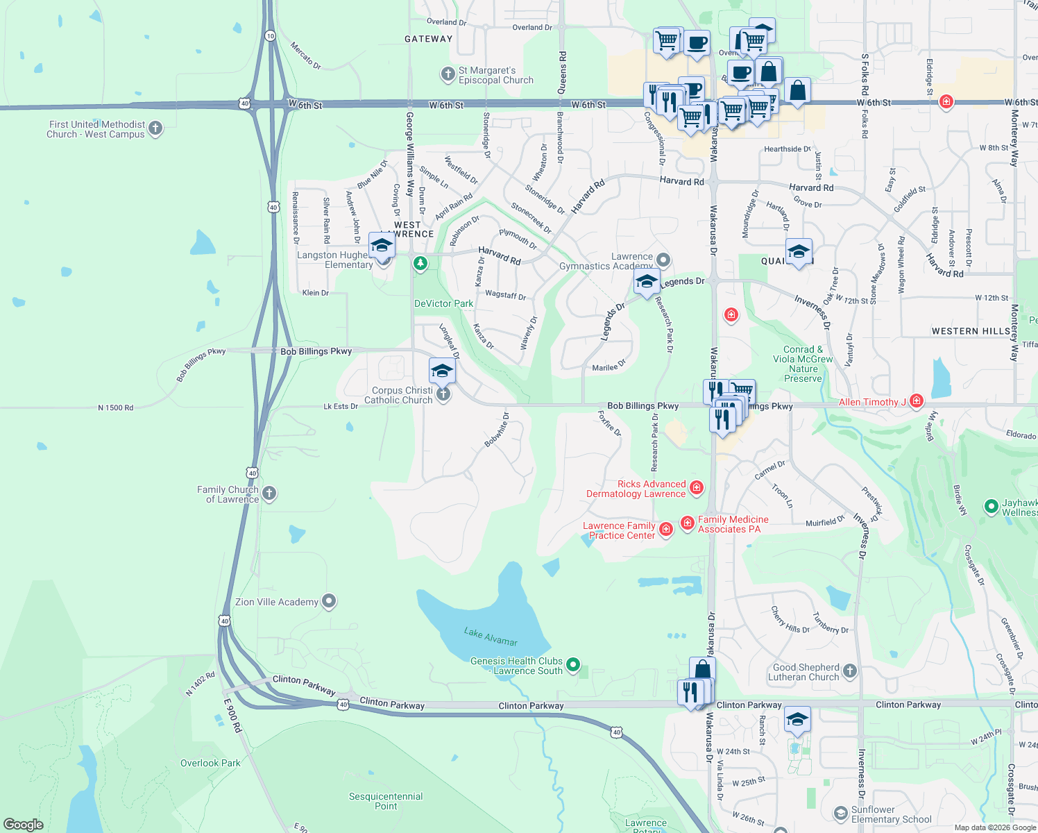 map of restaurants, bars, coffee shops, grocery stores, and more near 1508 Fountain Dr in Lawrence