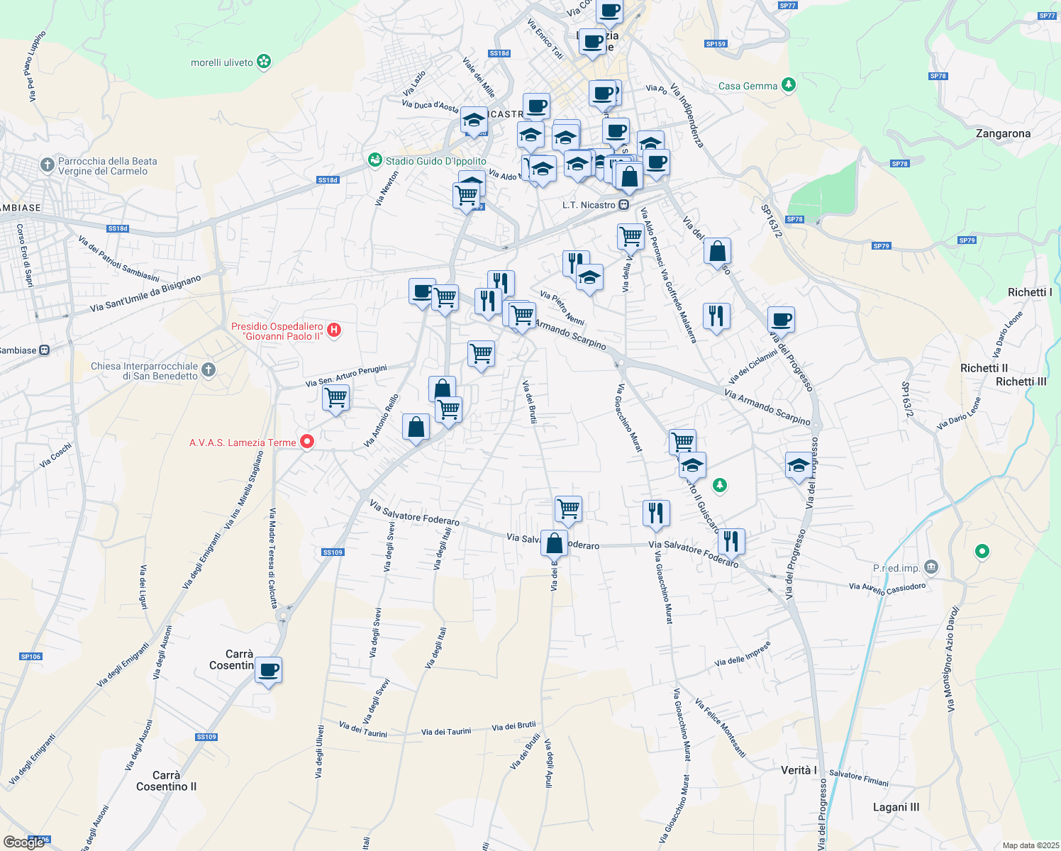 map of restaurants, bars, coffee shops, grocery stores, and more near 18 Via dei Brutii in Lamezia Terme