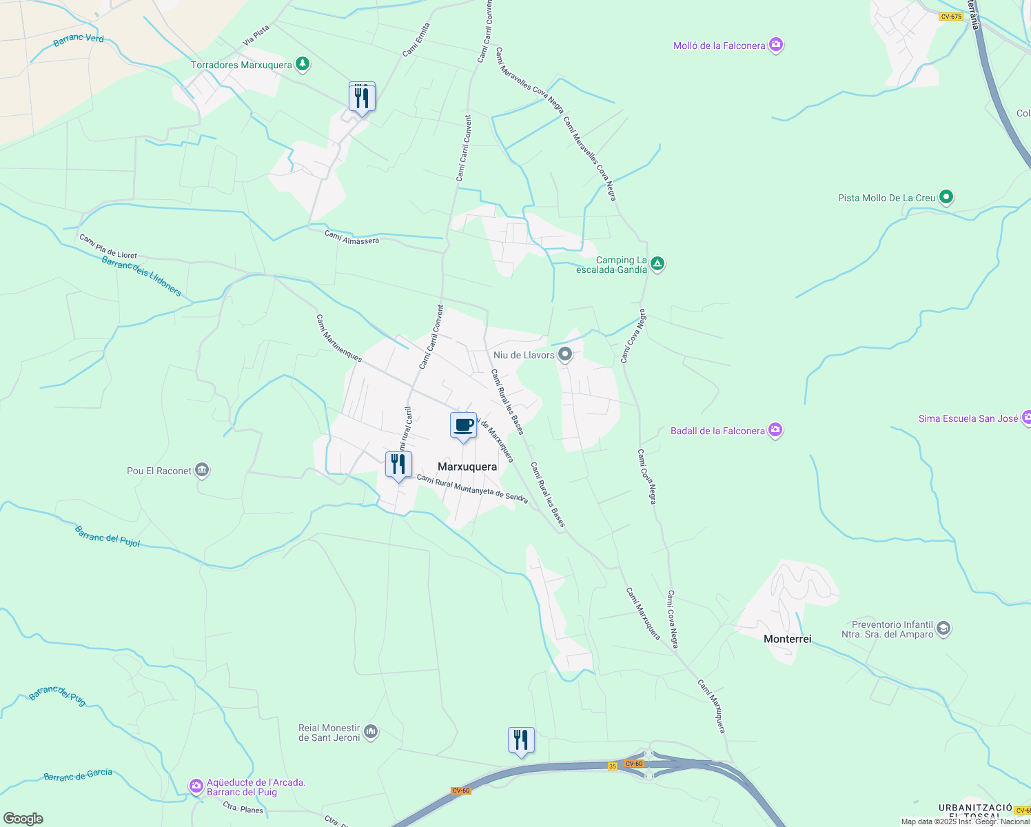 map of restaurants, bars, coffee shops, grocery stores, and more near 222 Diseminado Marchuquera in Palma de Gandia