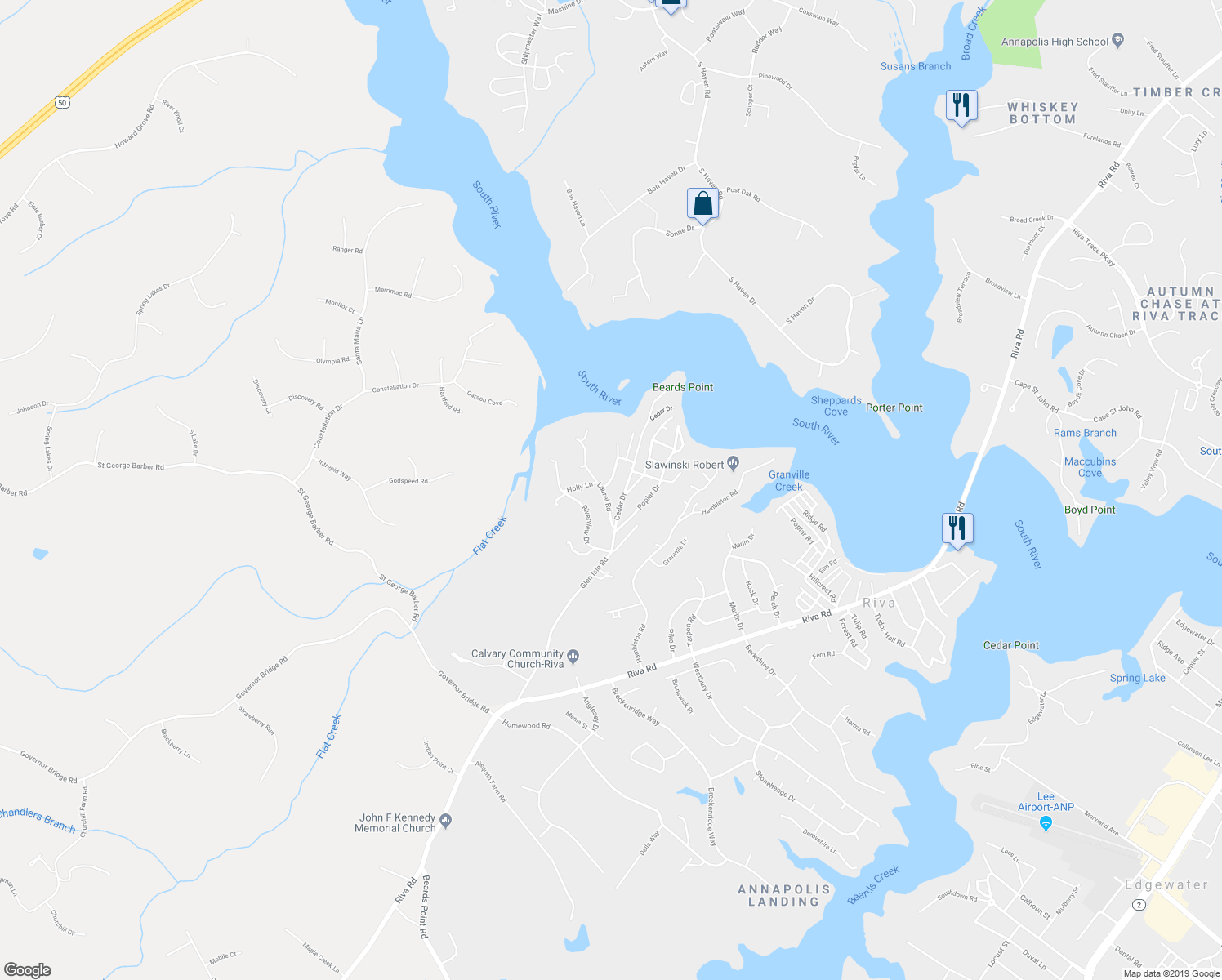 map of restaurants, bars, coffee shops, grocery stores, and more near 518 Laurel Road in Riva