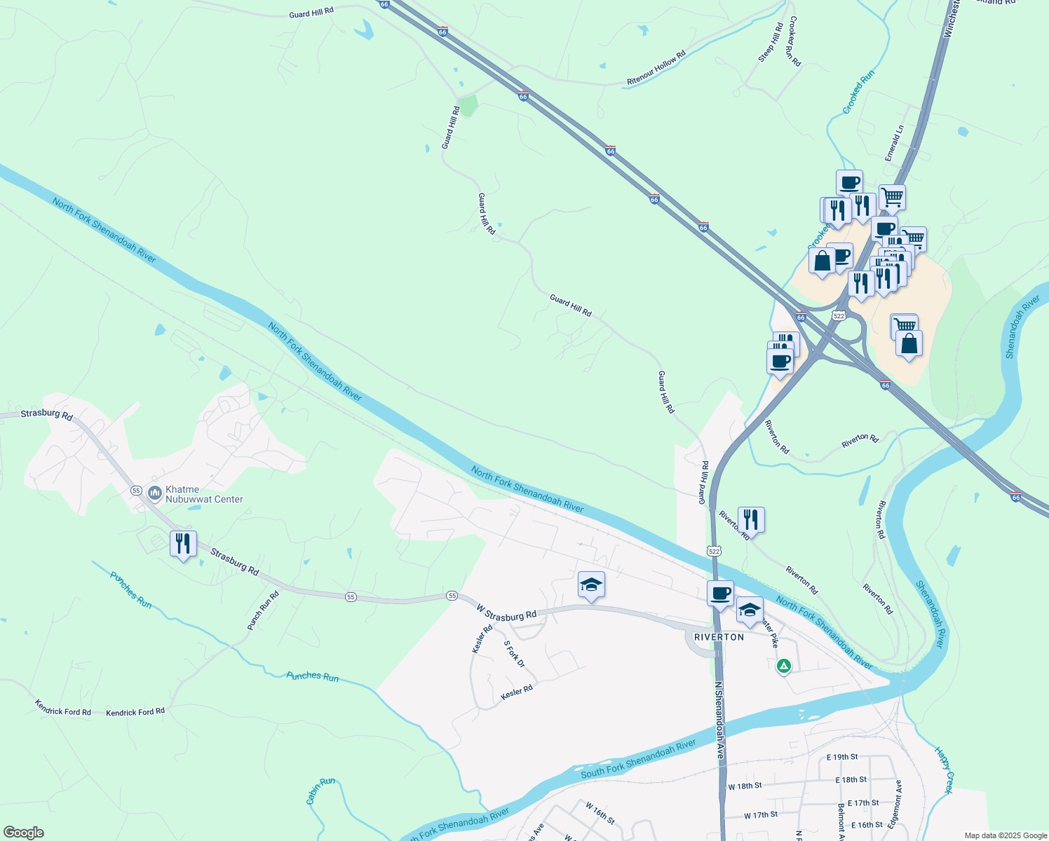 map of restaurants, bars, coffee shops, grocery stores, and more near 388 Dodson Lane in Front Royal