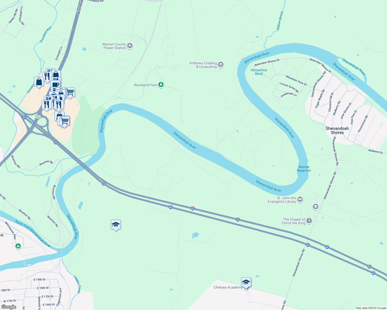 map of restaurants, bars, coffee shops, grocery stores, and more near 329 Avalon Drive in Front Royal