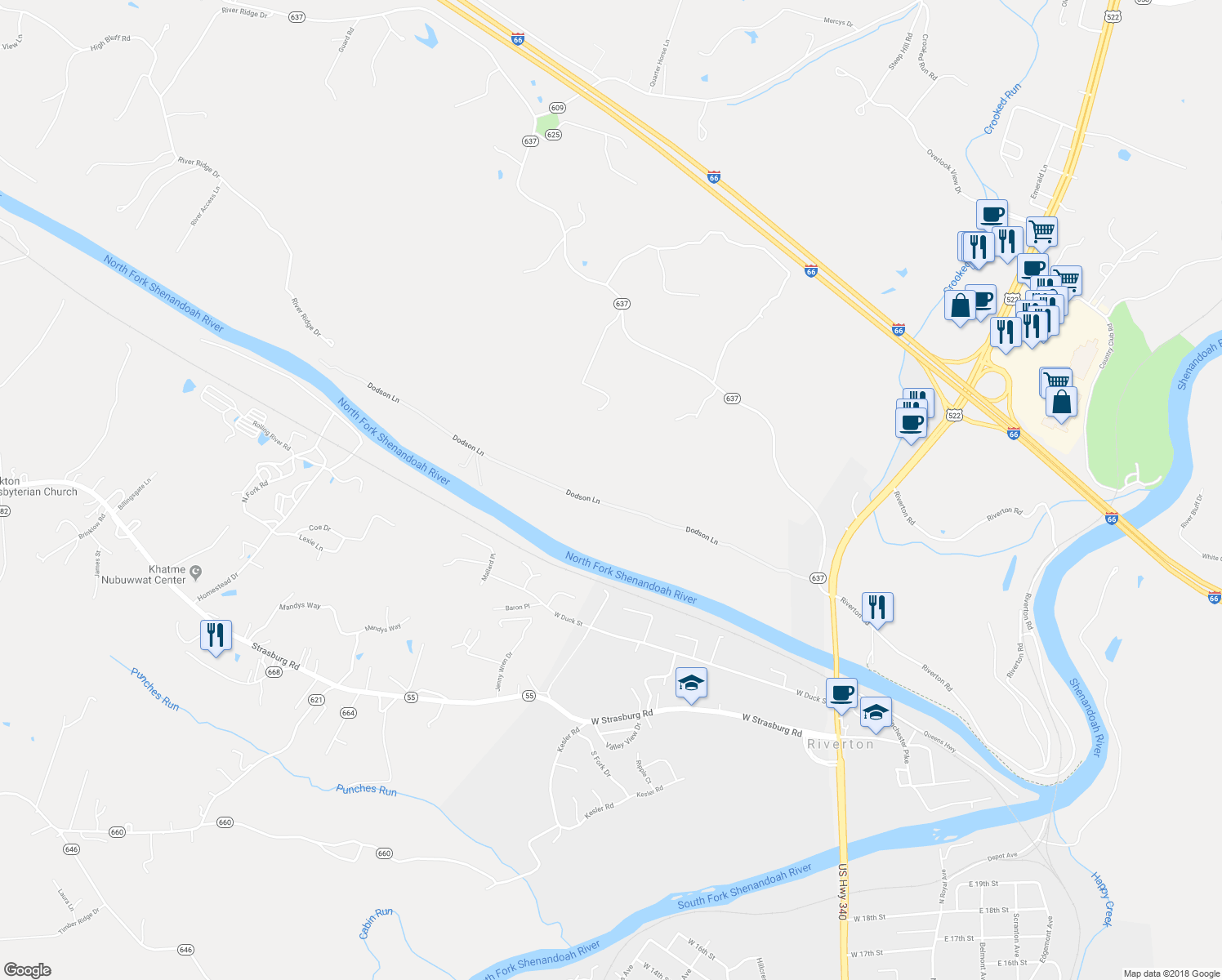 map of restaurants, bars, coffee shops, grocery stores, and more near 388 Dodson Lane in Front Royal