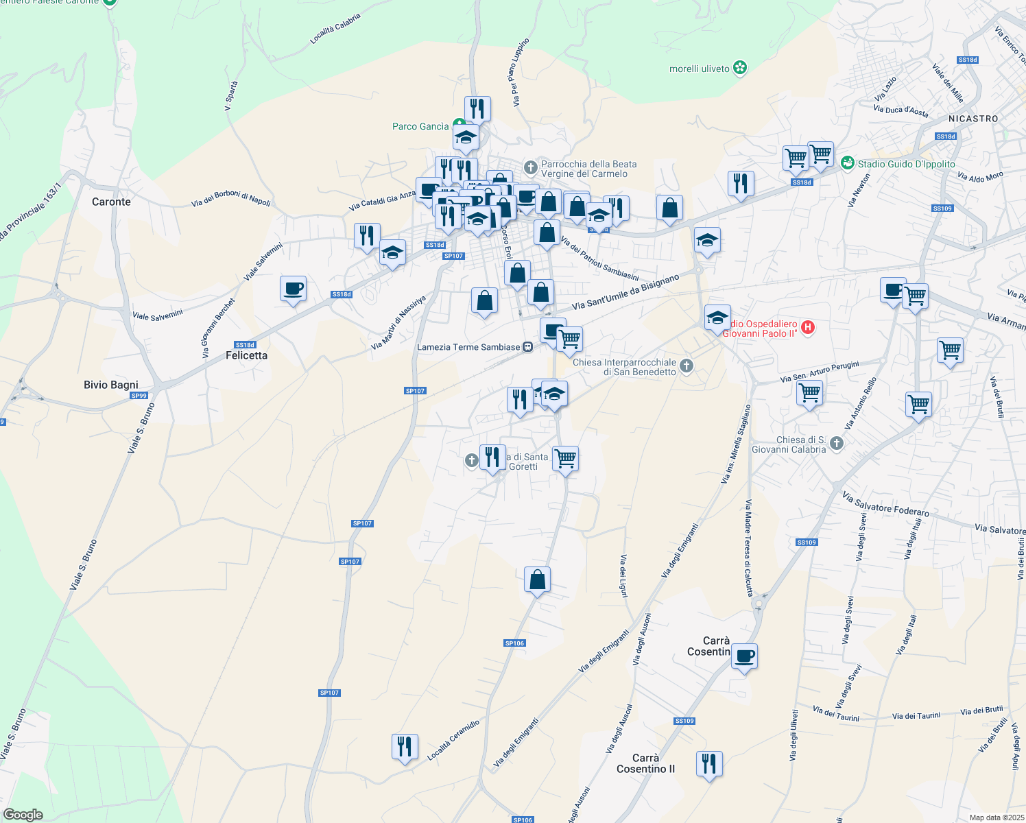 map of restaurants, bars, coffee shops, grocery stores, and more near 17 Via Pietro Mascagni in Lamezia Terme