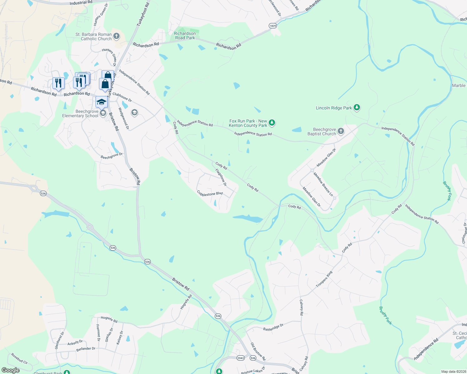map of restaurants, bars, coffee shops, grocery stores, and more near 1293 Victory Lane in Independence