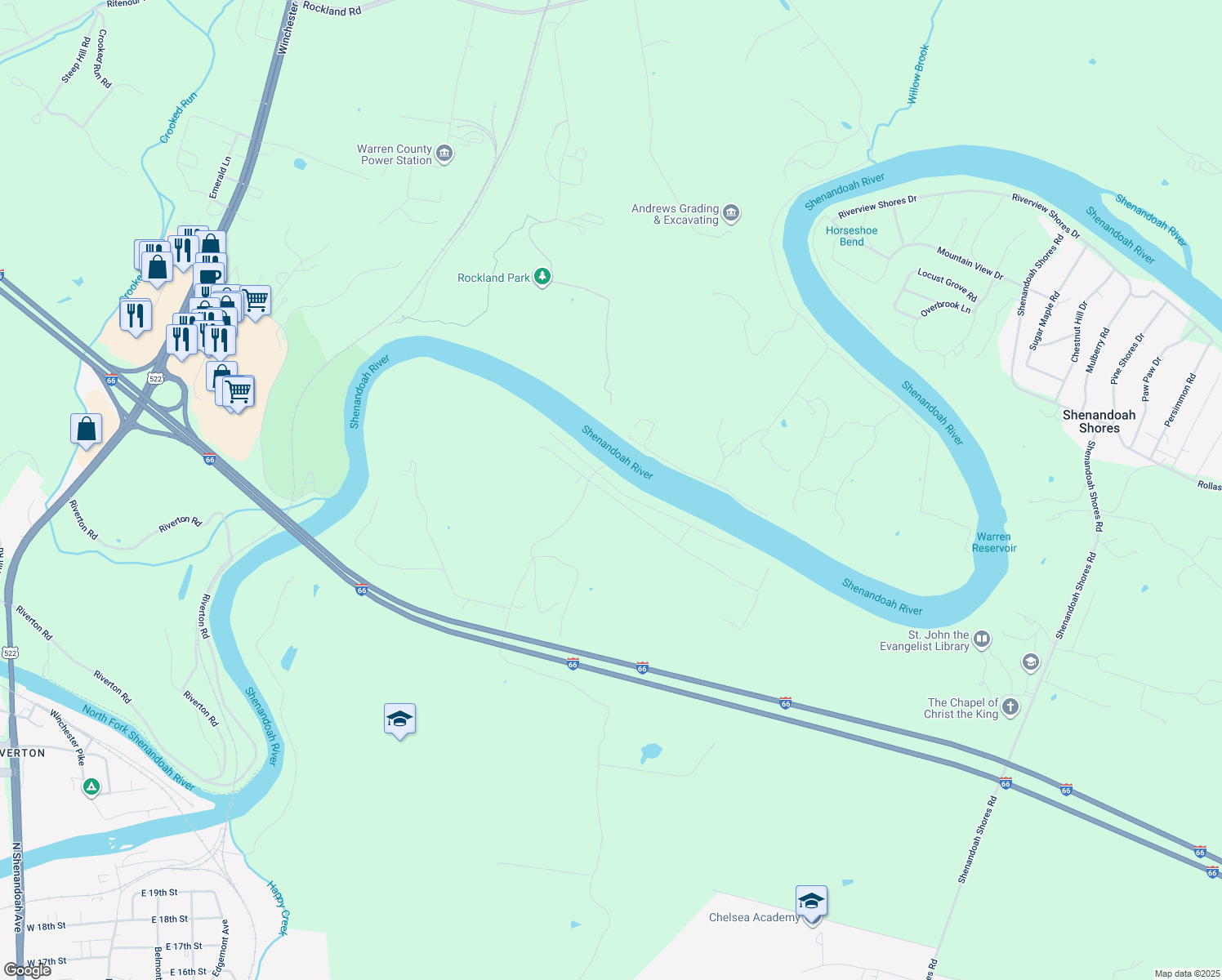 map of restaurants, bars, coffee shops, grocery stores, and more near 237 Harris Drive in Front Royal