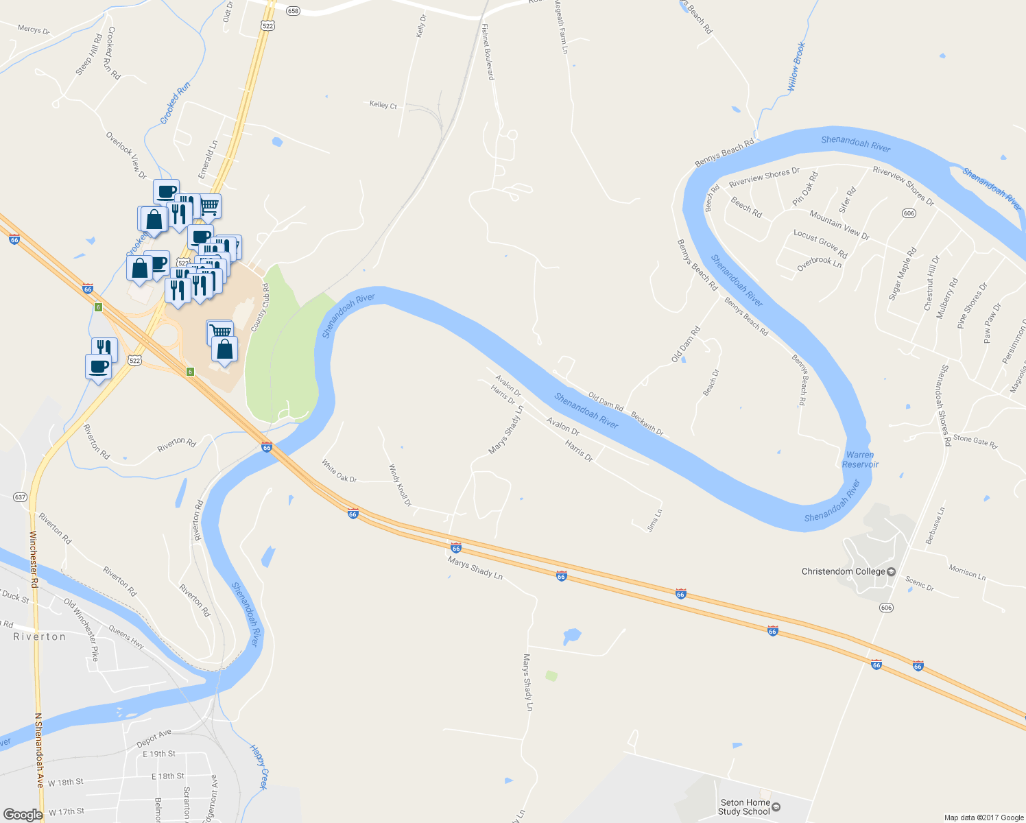 map of restaurants, bars, coffee shops, grocery stores, and more near 2431 Marys Shady Lane in Front Royal