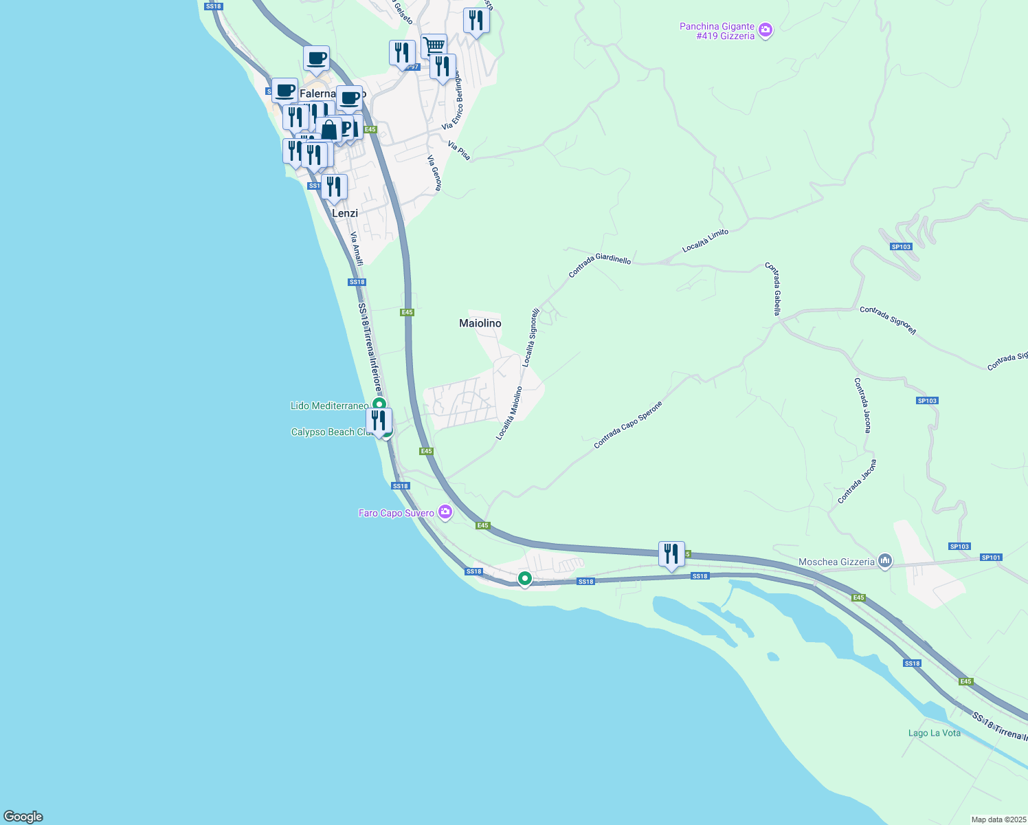 map of restaurants, bars, coffee shops, grocery stores, and more near 4 Contrada Maiolino in Provincia di Catanzaro