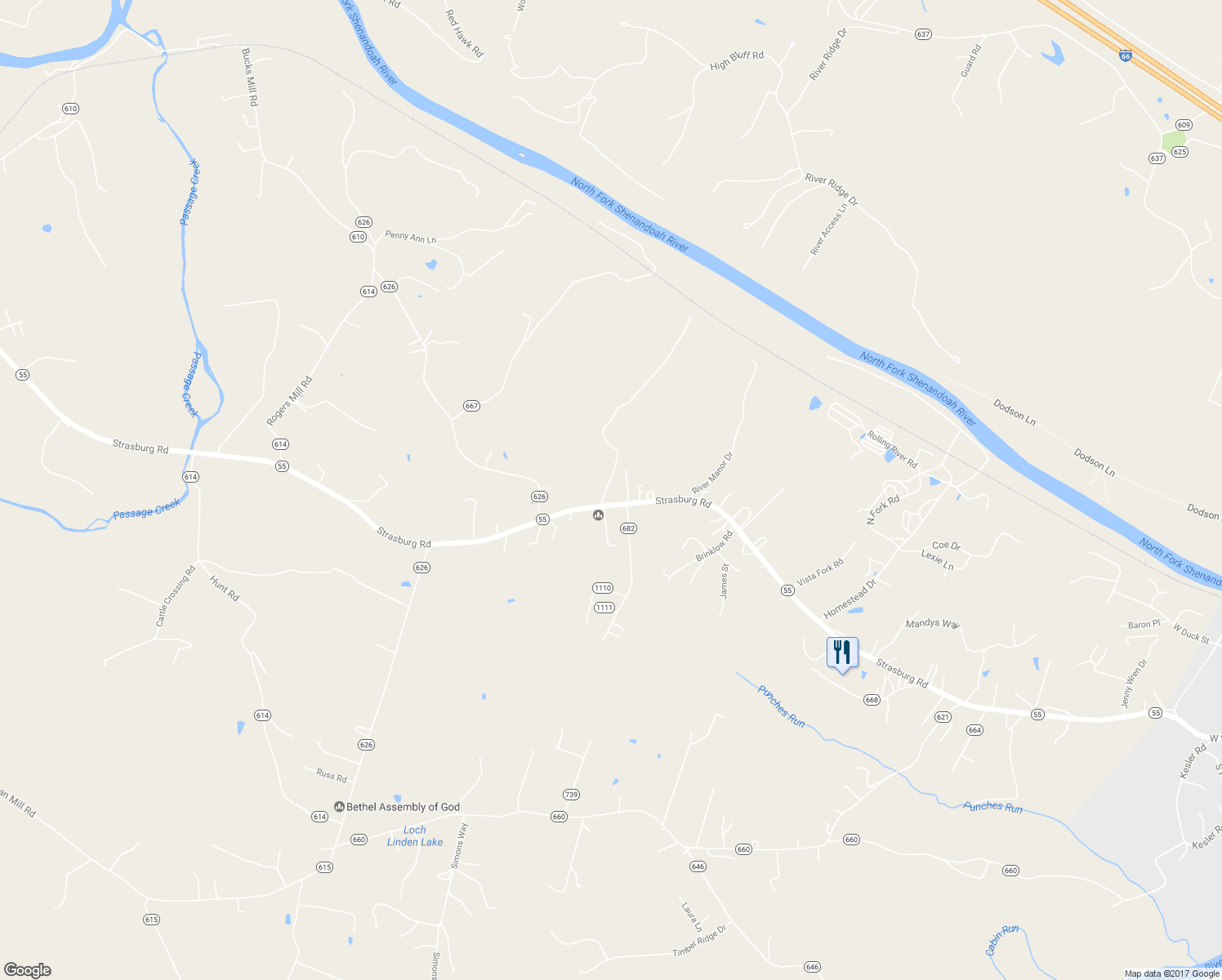 map of restaurants, bars, coffee shops, grocery stores, and more near 2294 Strasburg Road in Front Royal