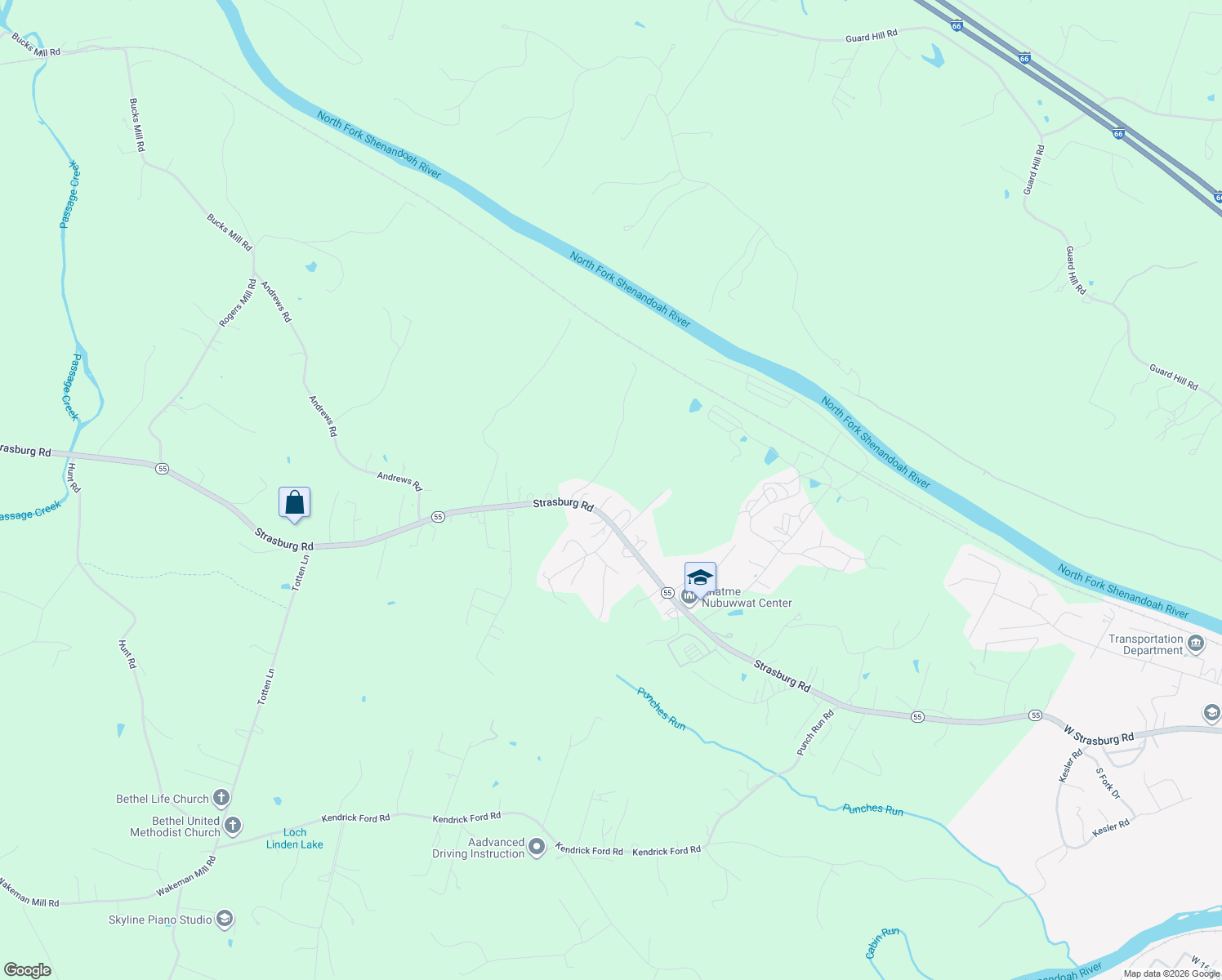 map of restaurants, bars, coffee shops, grocery stores, and more near 55 Ben Mar Road in Front Royal