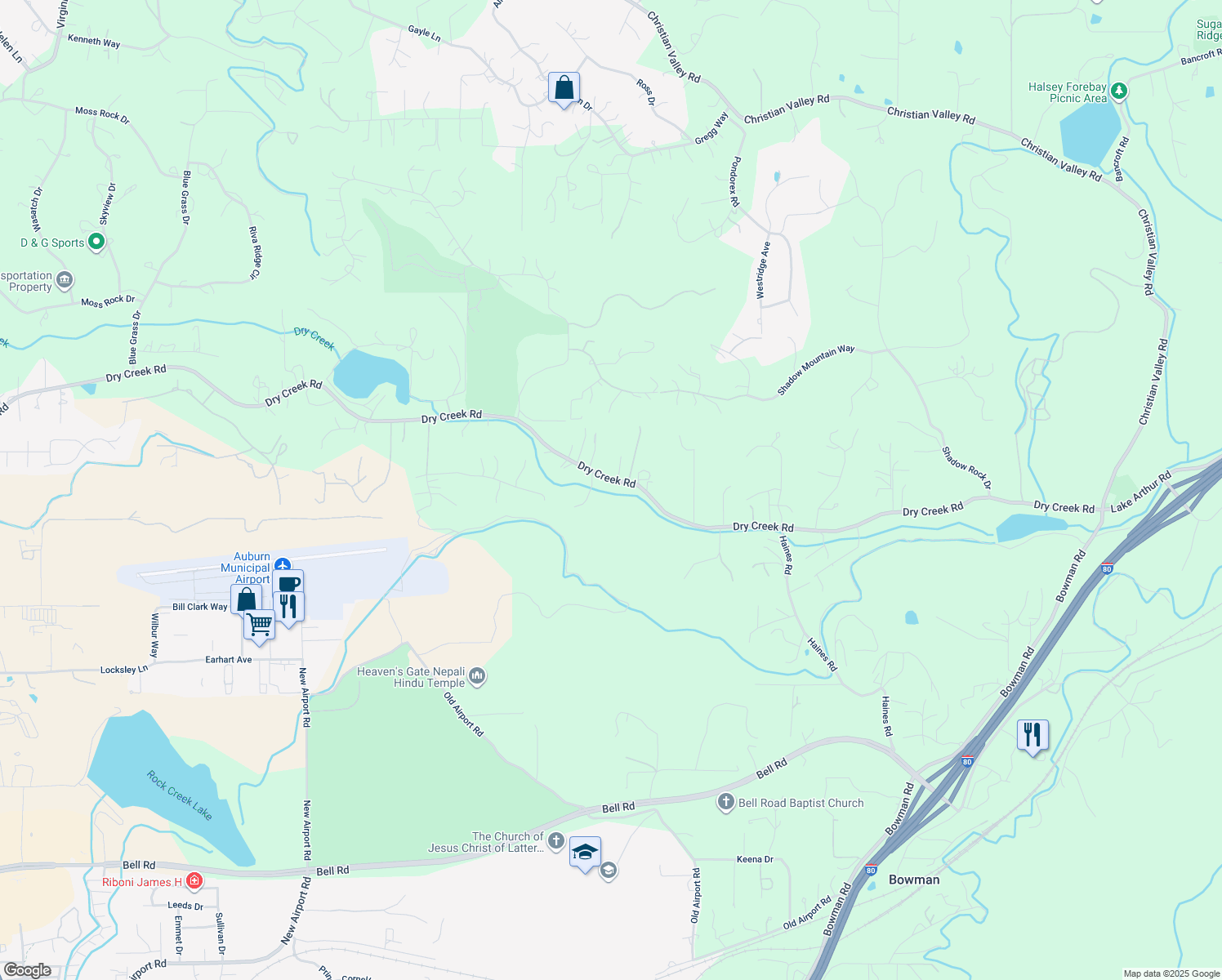 map of restaurants, bars, coffee shops, grocery stores, and more near 13930 Dry Creek Road in Auburn